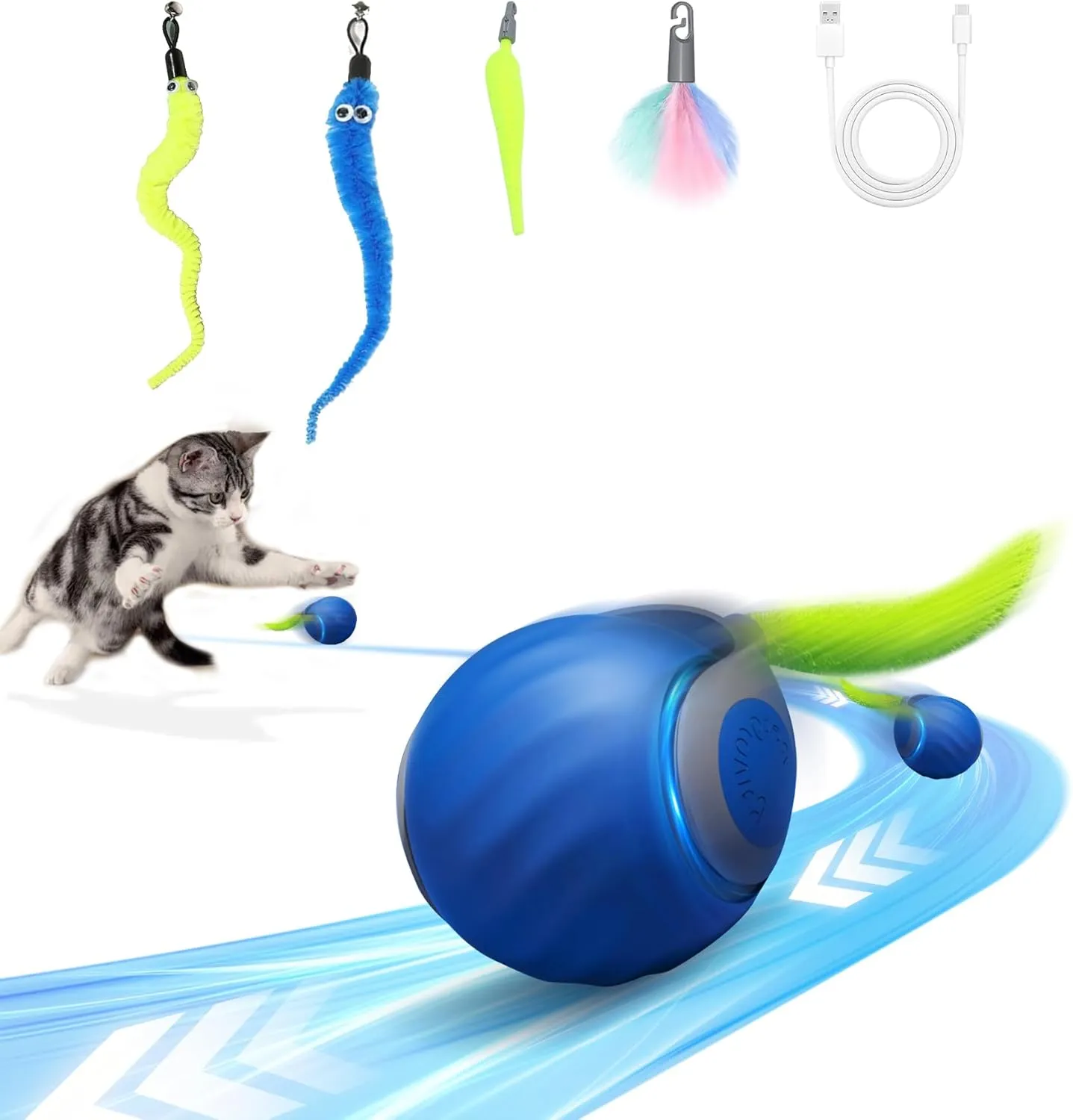 2025 New Upgrade Speedy Tail Cat Toy, Smart Interactive Pet Toys Comes with 4 Tails, Reinforced Version of The Cat Toys Balls, Two Speed Adjustment (Blue)