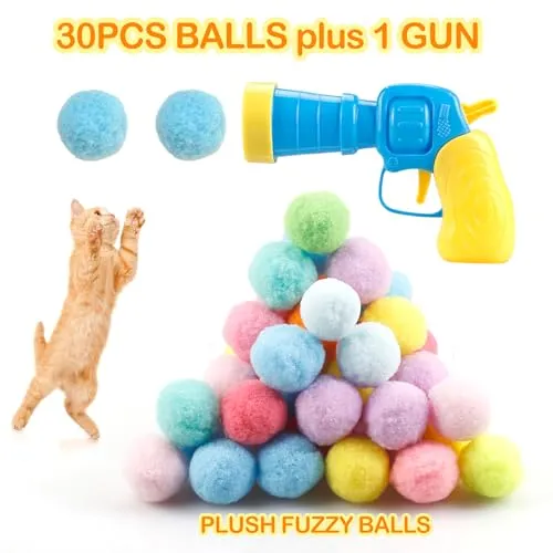 31Pcs Cat Ball Toy Launcher Gun, Cat Balls Fetch Toy, 30Pcs Plush Fuzzy Balls Launcher Cat Toy for Cats with 1 Gun, Funny Interactive Cat Toys for Bored Indoor Adult Cats, Cute Kitten Kitty Toys