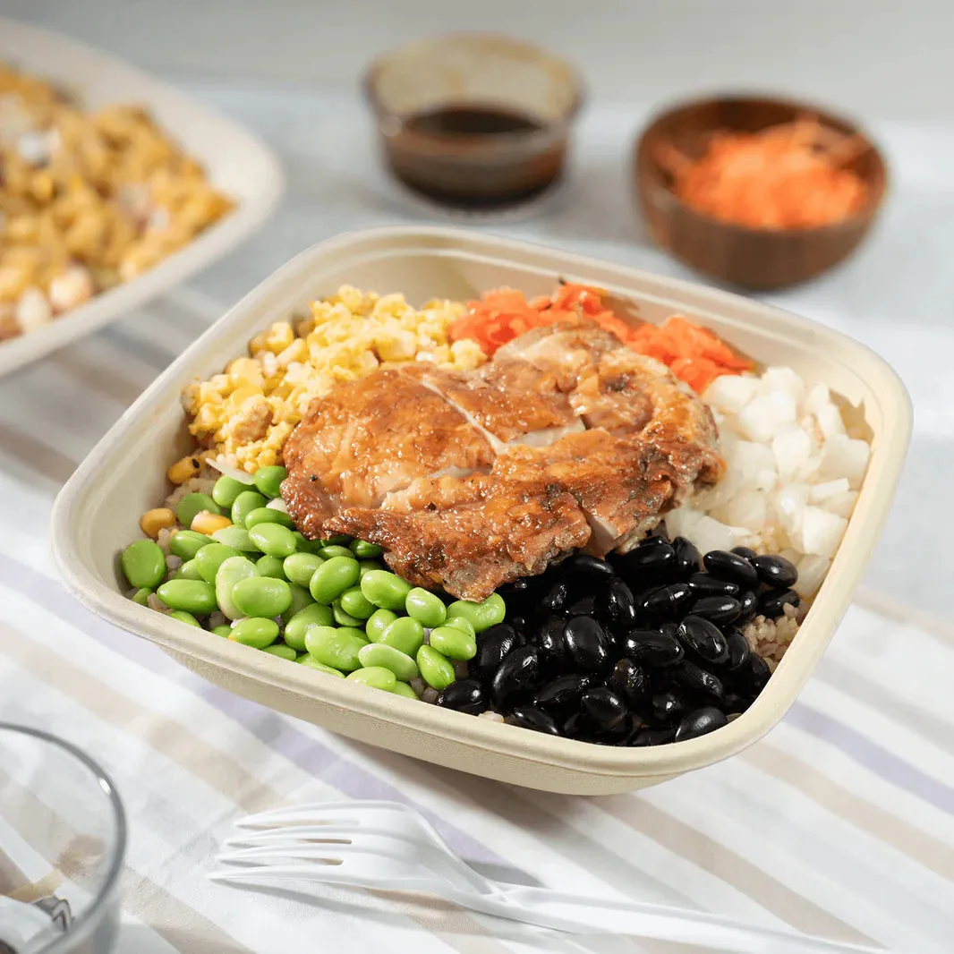 48oz PFAS Free Bagasse Square Bowl, Natural - 300 pcs
