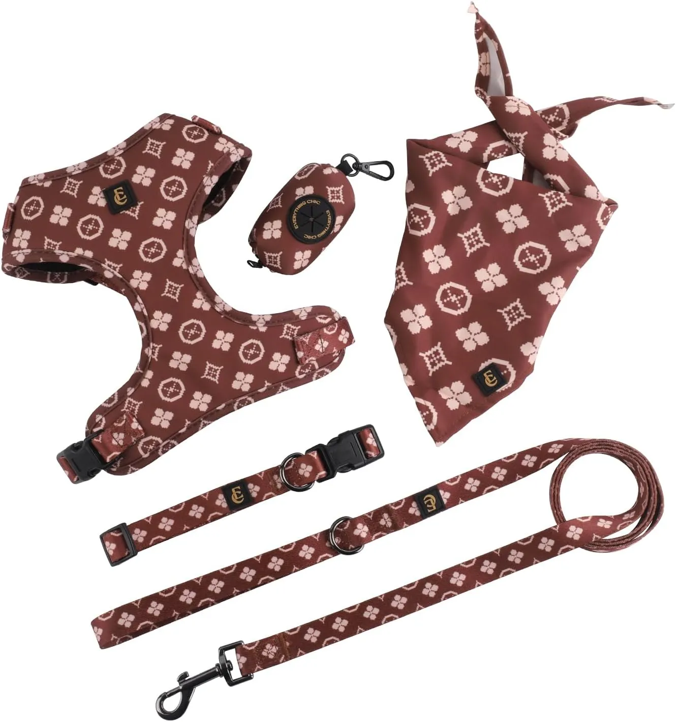 Adjustable Dog Harness, Leash, Poop Bag Holder/Dispenser and Bandana Set, No Pull, Soft Mesh Padded, for Small/Medium Dogs Outdoor Walking/Running (Medium, Chewy Pawtton)