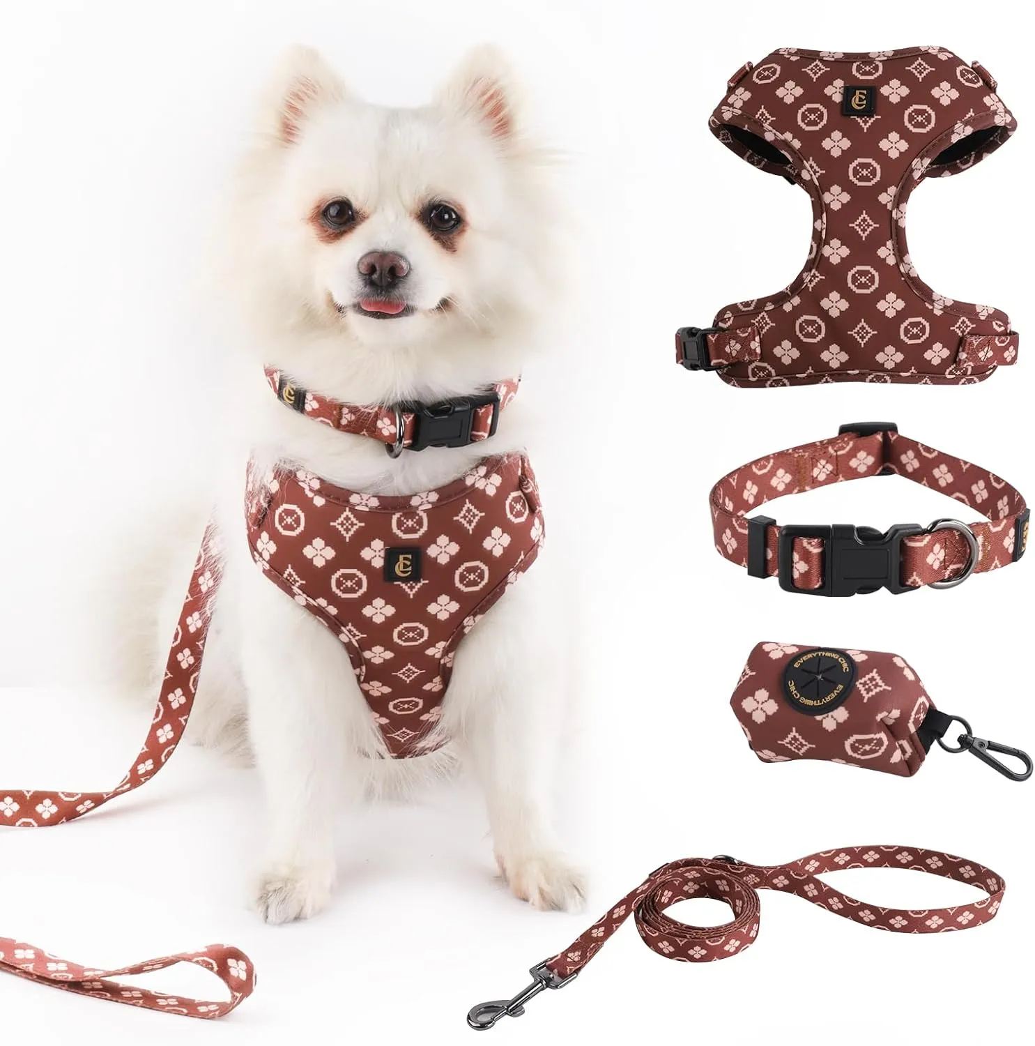 Adjustable Dog Harness, Leash, Poop Bag Holder/Dispenser and Bandana Set, No Pull, Soft Mesh Padded, for Small/Medium Dogs Outdoor Walking/Running (Medium, Chewy Pawtton)