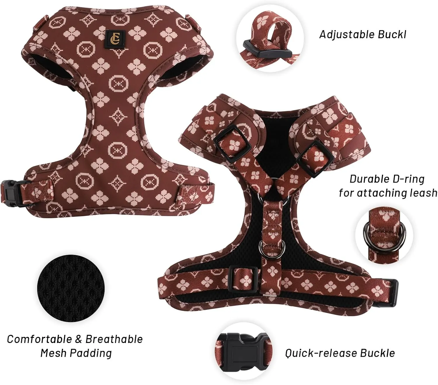 Adjustable Dog Harness, Leash, Poop Bag Holder/Dispenser and Bandana Set, No Pull, Soft Mesh Padded, for Small/Medium Dogs Outdoor Walking/Running (Medium, Chewy Pawtton)