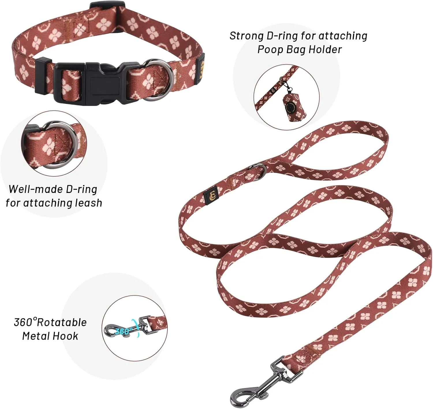 Adjustable Dog Harness, Leash, Poop Bag Holder/Dispenser and Bandana Set, No Pull, Soft Mesh Padded, for Small/Medium Dogs Outdoor Walking/Running (Medium, Chewy Pawtton)
