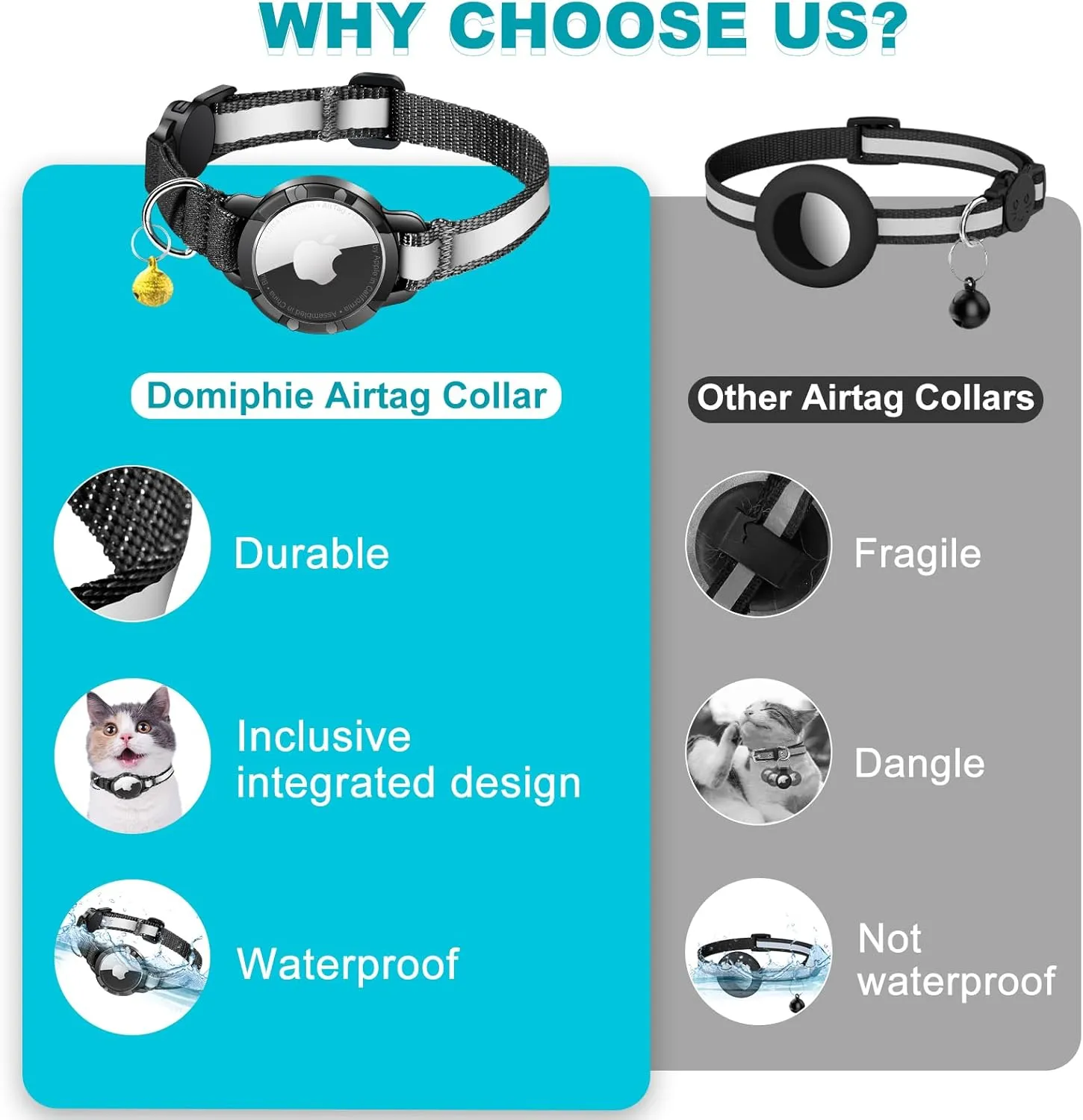 Airtag Cat Collar - Breakaway Cat Collar with Bells, Luminous & Reflective Design, Lightweight Kitten Collar for Apple Air tag, Waterproof Hidden GPS Tracker Holder for Cats, Kittens [Black XS]