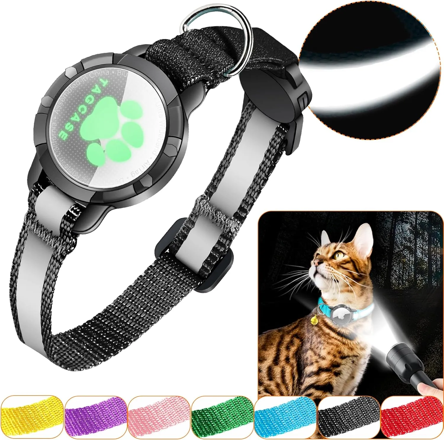 Airtag Cat Collar - Breakaway Cat Collar with Bells, Luminous & Reflective Design, Lightweight Kitten Collar for Apple Air tag, Waterproof Hidden GPS Tracker Holder for Cats, Kittens [Black XS]
