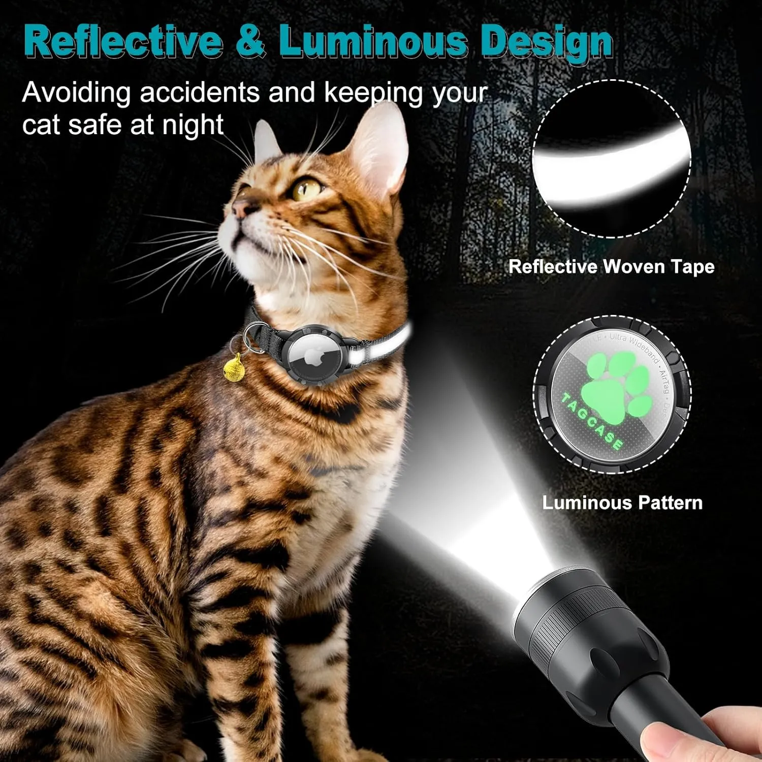 Airtag Cat Collar - Breakaway Cat Collar with Bells, Luminous & Reflective Design, Lightweight Kitten Collar for Apple Air tag, Waterproof Hidden GPS Tracker Holder for Cats, Kittens [Black XS]