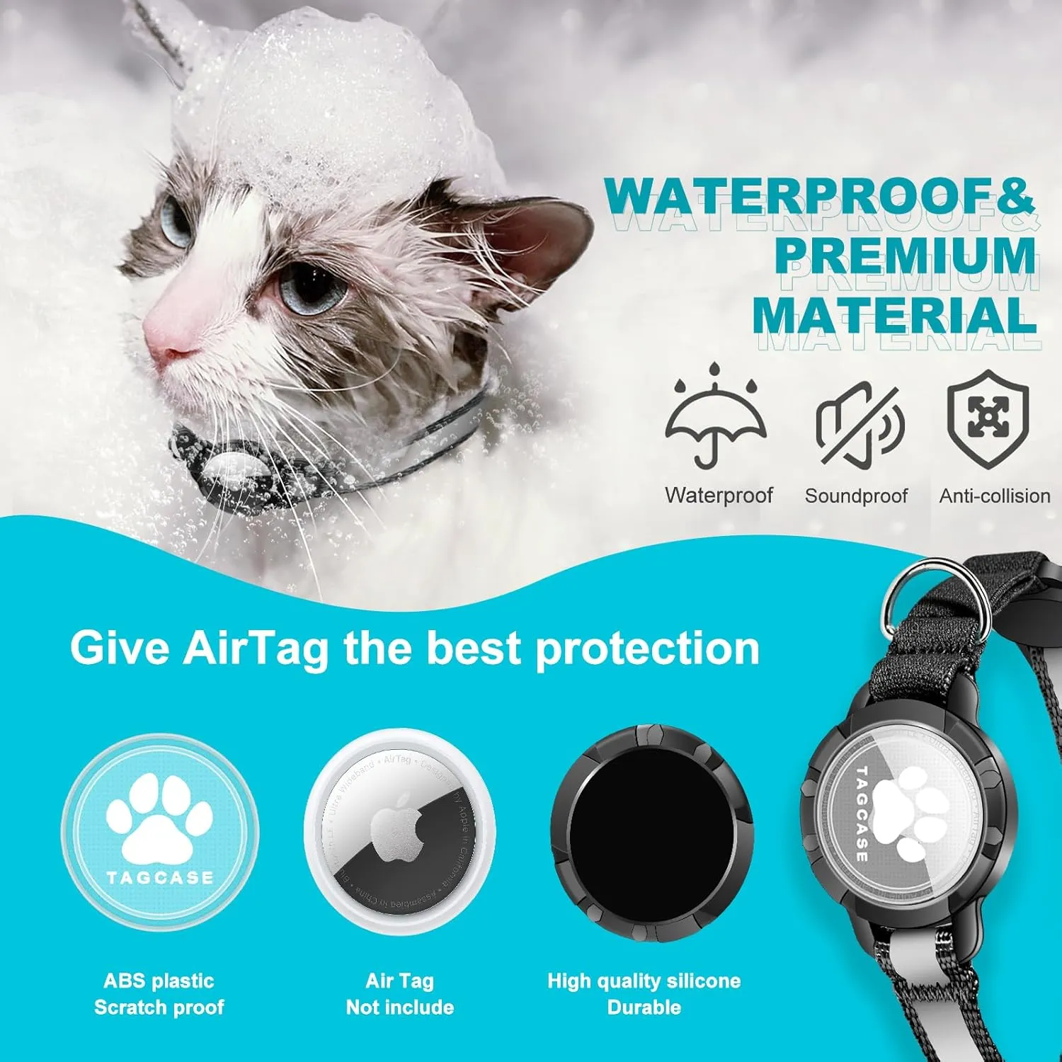 Airtag Cat Collar - Breakaway Cat Collar with Bells, Luminous & Reflective Design, Lightweight Kitten Collar for Apple Air tag, Waterproof Hidden GPS Tracker Holder for Cats, Kittens [Black XS]