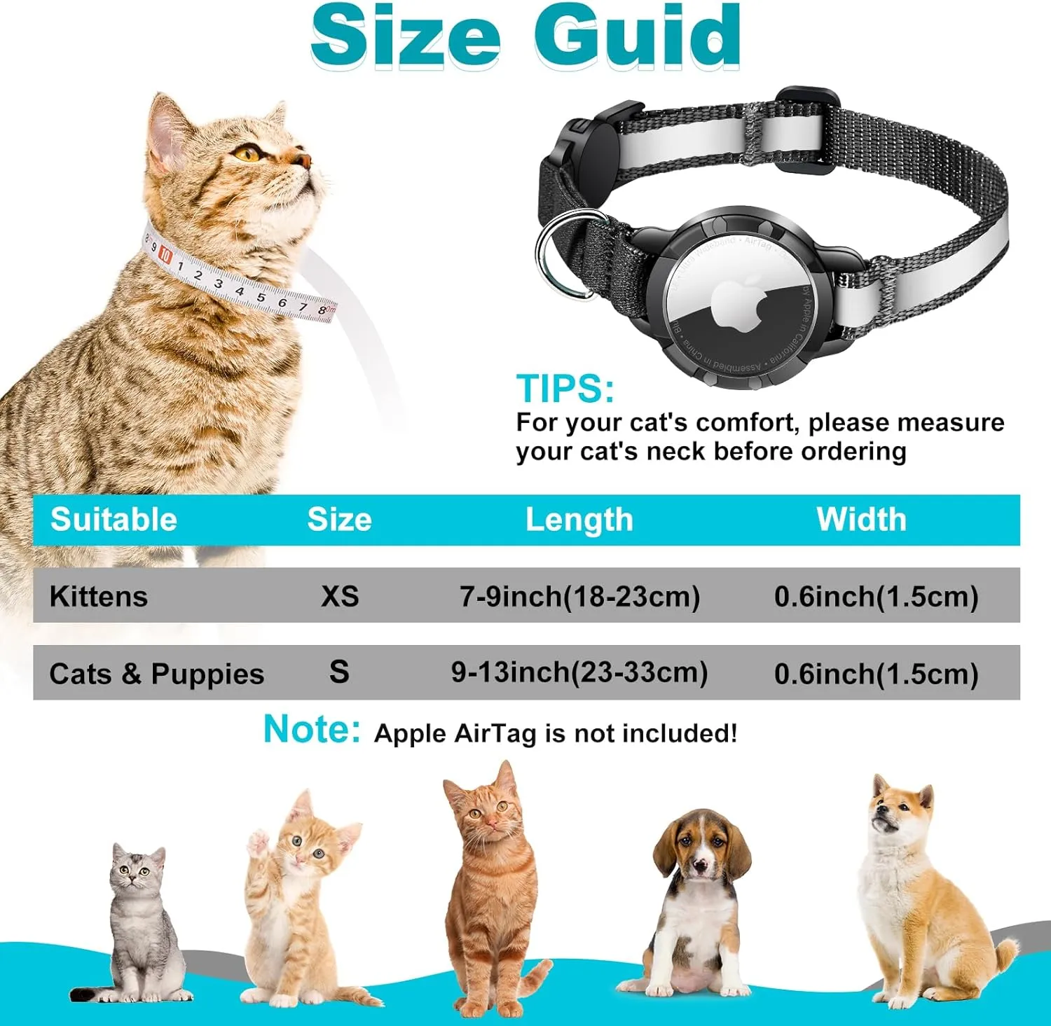 Airtag Cat Collar - Breakaway Cat Collar with Bells, Luminous & Reflective Design, Lightweight Kitten Collar for Apple Air tag, Waterproof Hidden GPS Tracker Holder for Cats, Kittens [Black XS]