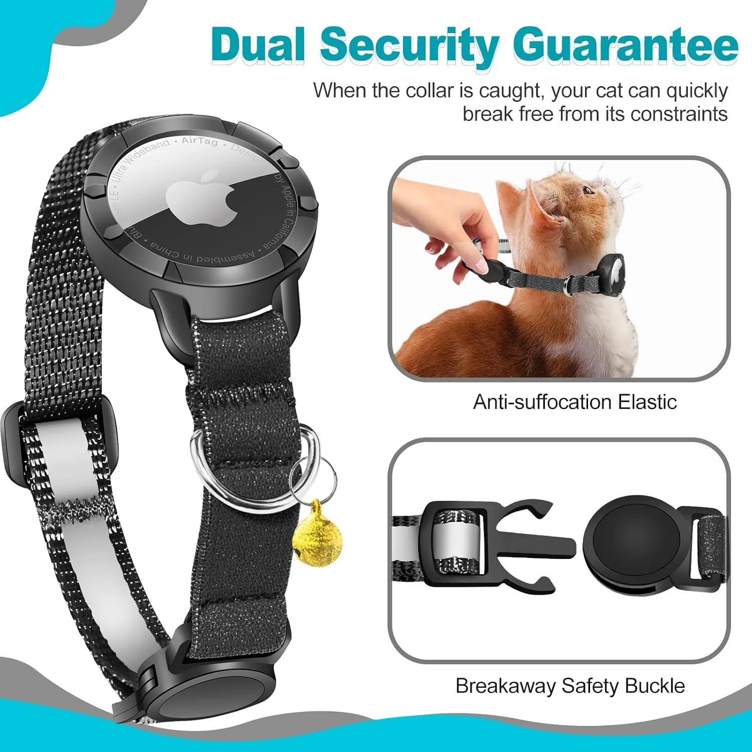 Airtag Cat Collar - Breakaway Cat Collar with Bells, Luminous & Reflective Design, Lightweight Kitten Collar for Apple Air tag, Waterproof Hidden GPS Tracker Holder for Cats, Kittens [Black XS]