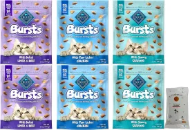Aurora Pet Variety Pack (6) Blue Bursts Crunchy Cat Treats (2) Paw-Licken Chicken (2) Savory Seafood (2) Liver & Beef (5-oz Each) with AuroraPet Wipes