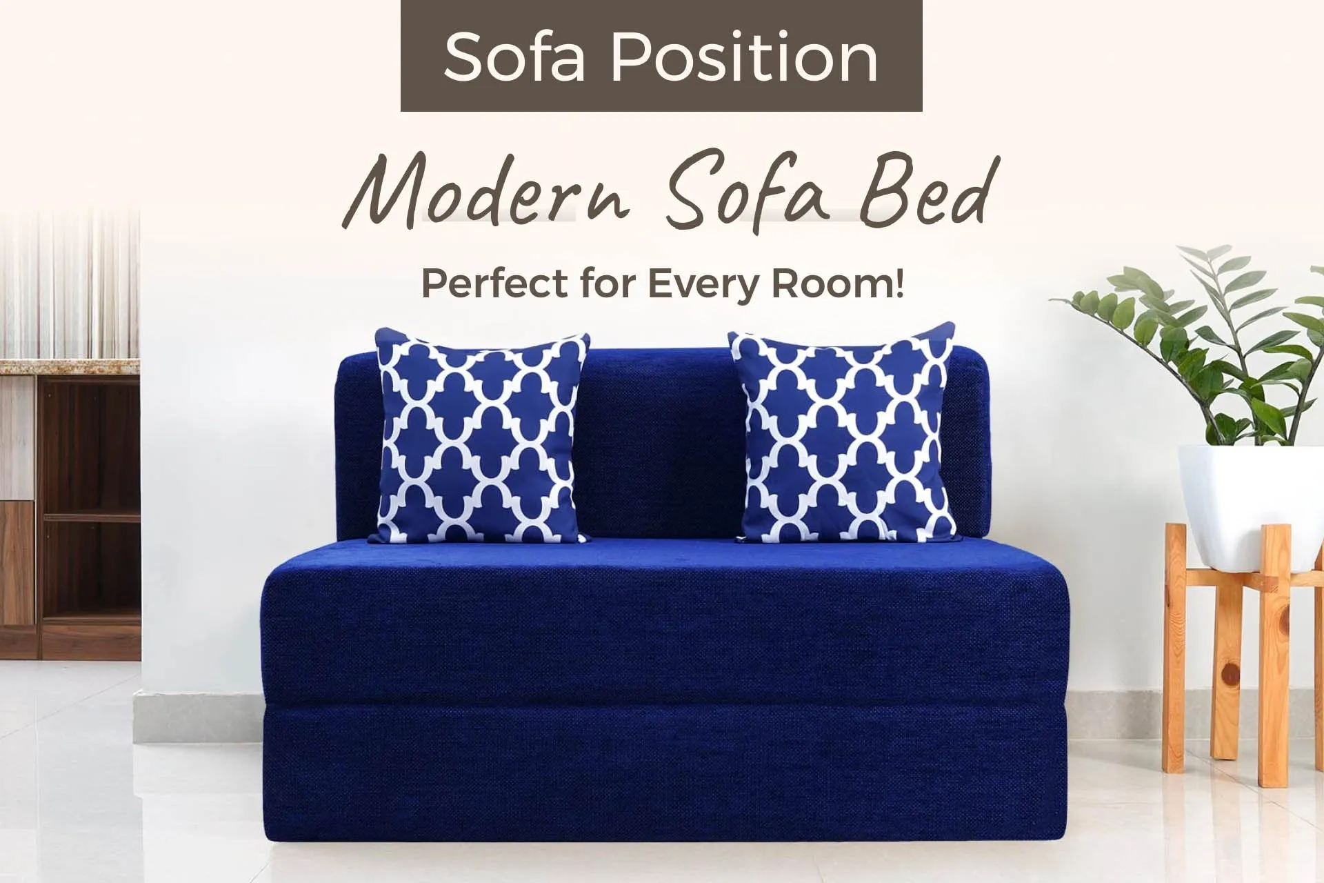 Chenille Sofa Bed, Dotted Blue | 4 x 6, Double Seater | 2 Semi Circle Cushions