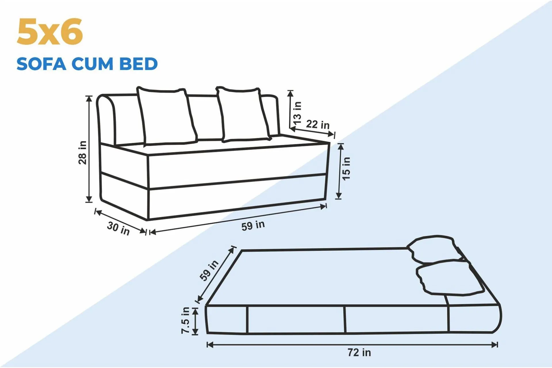Chenille Sofa Bed, Dotted Blue | 5 x 6, Three Seater | 2 Golden Edge Cushions