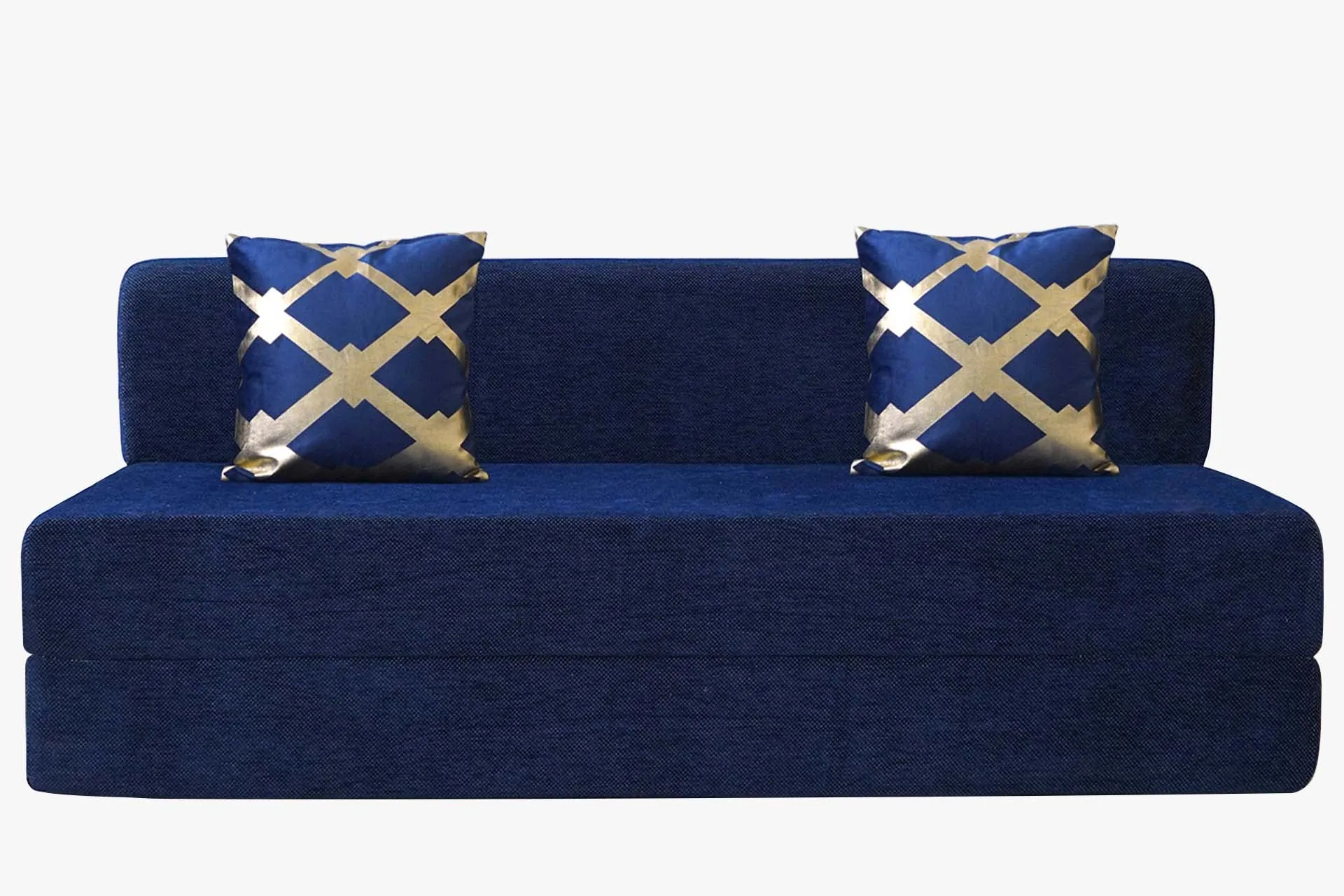Chenille Sofa Bed, Dotted Blue | 5 x 6, Three Seater | 2 Golden Edge Cushions
