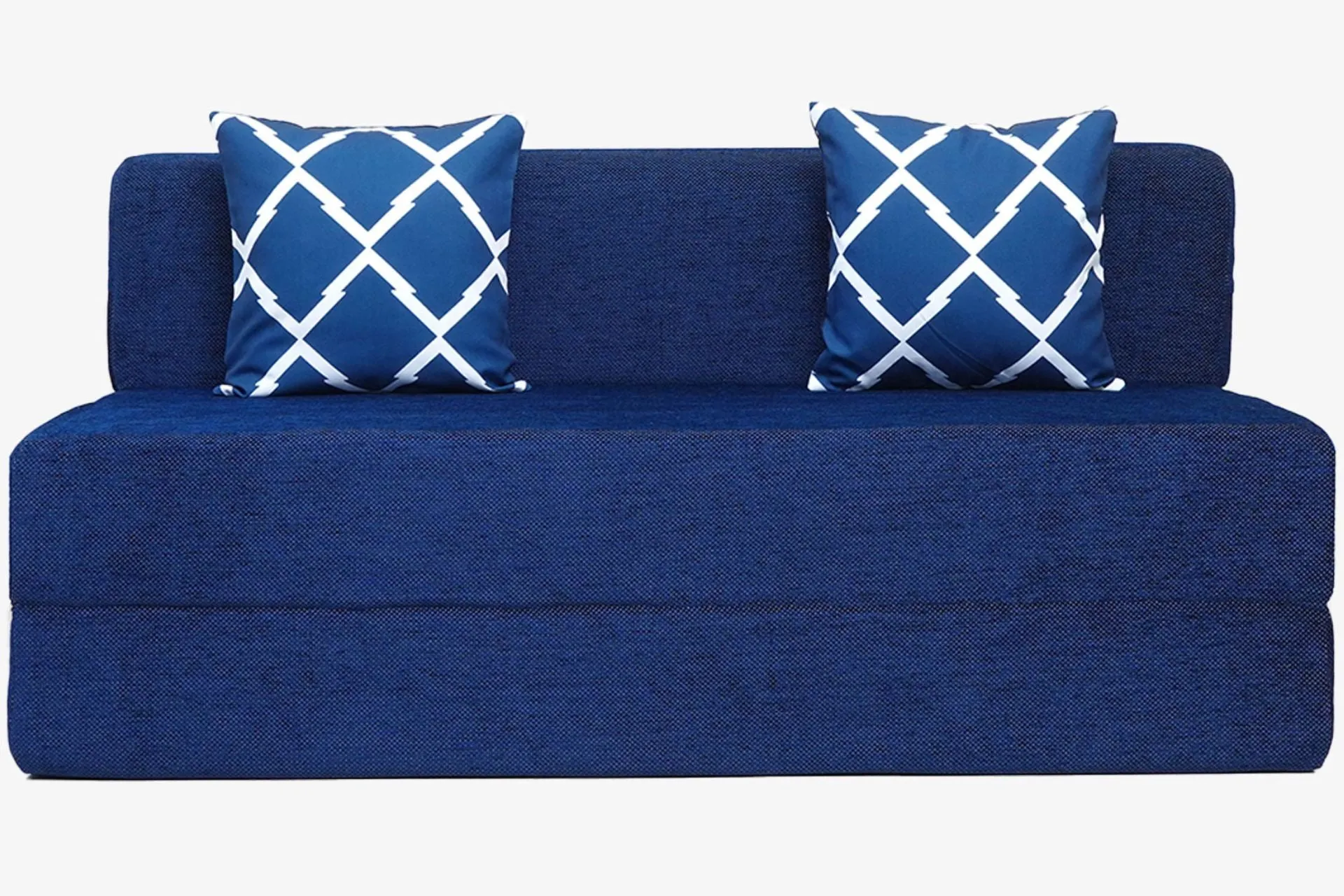 Chenille Sofa Bed, Dotted Blue | 5 x 6.5, Three Seater | 2 Arrow Cushions