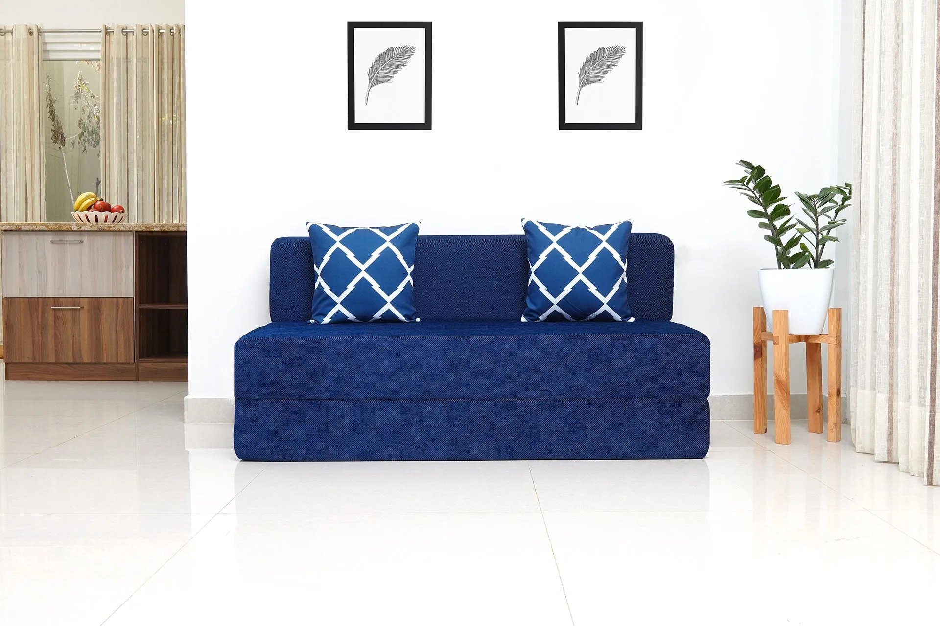 Chenille Sofa Bed, Dotted Blue | 5 x 6.5, Three Seater | 2 Arrow Cushions