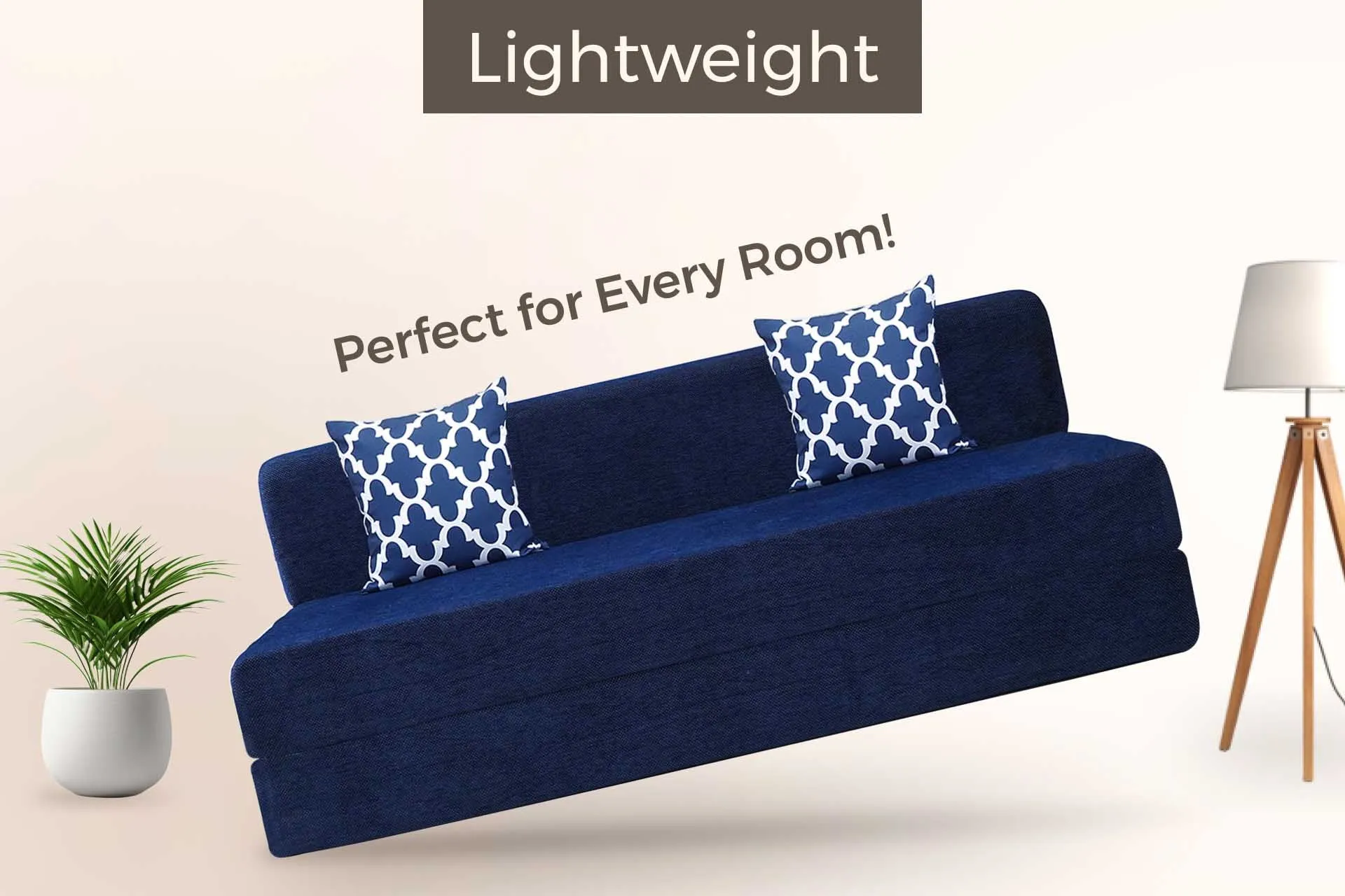 Chenille Sofa Bed, Dotted Blue | 6 x 6, Three Seater | 2 Semicircle Cushions