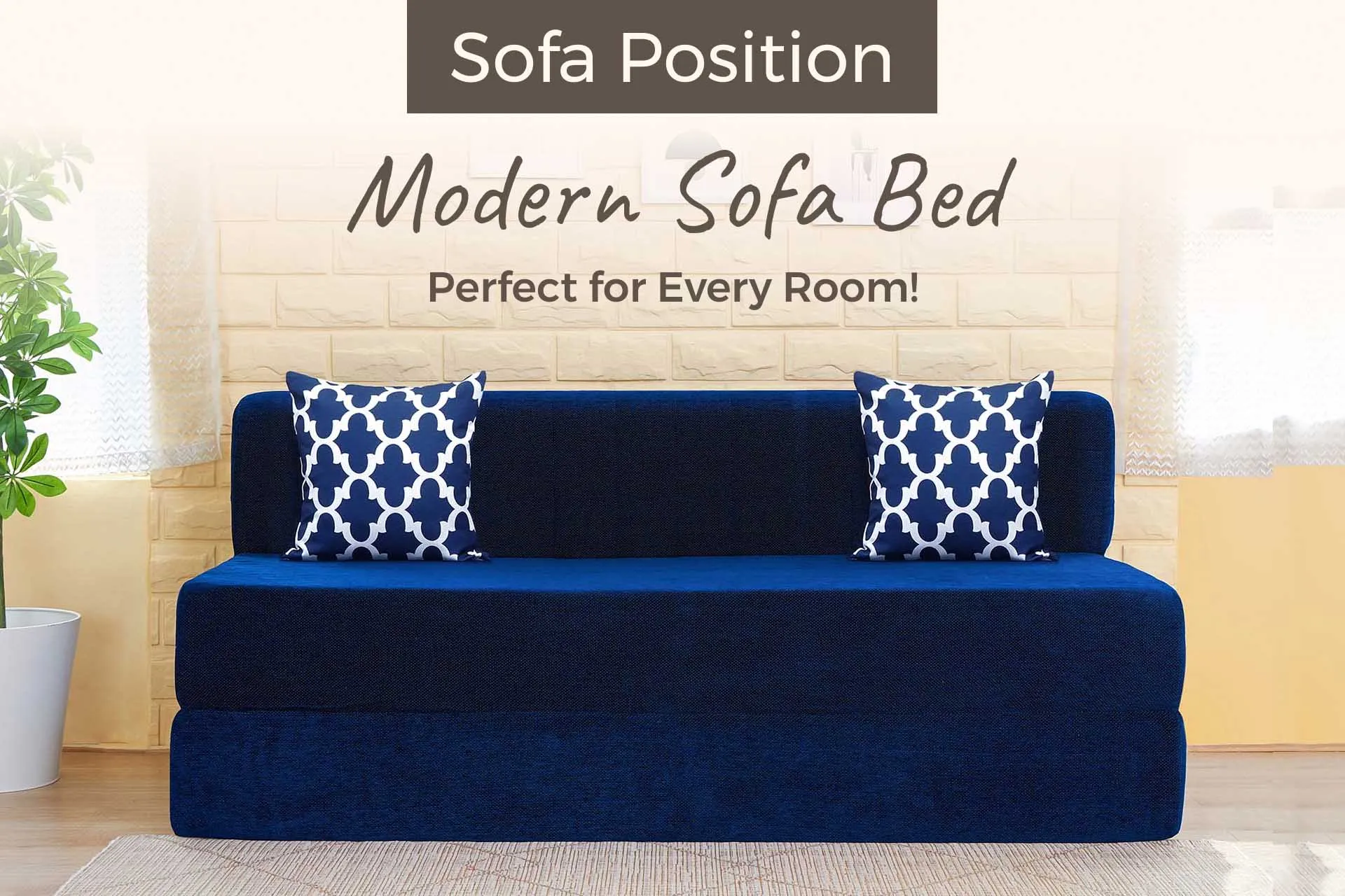 Chenille Sofa Bed, Dotted Blue | 6 x 6, Three Seater | 2 Semicircle Cushions