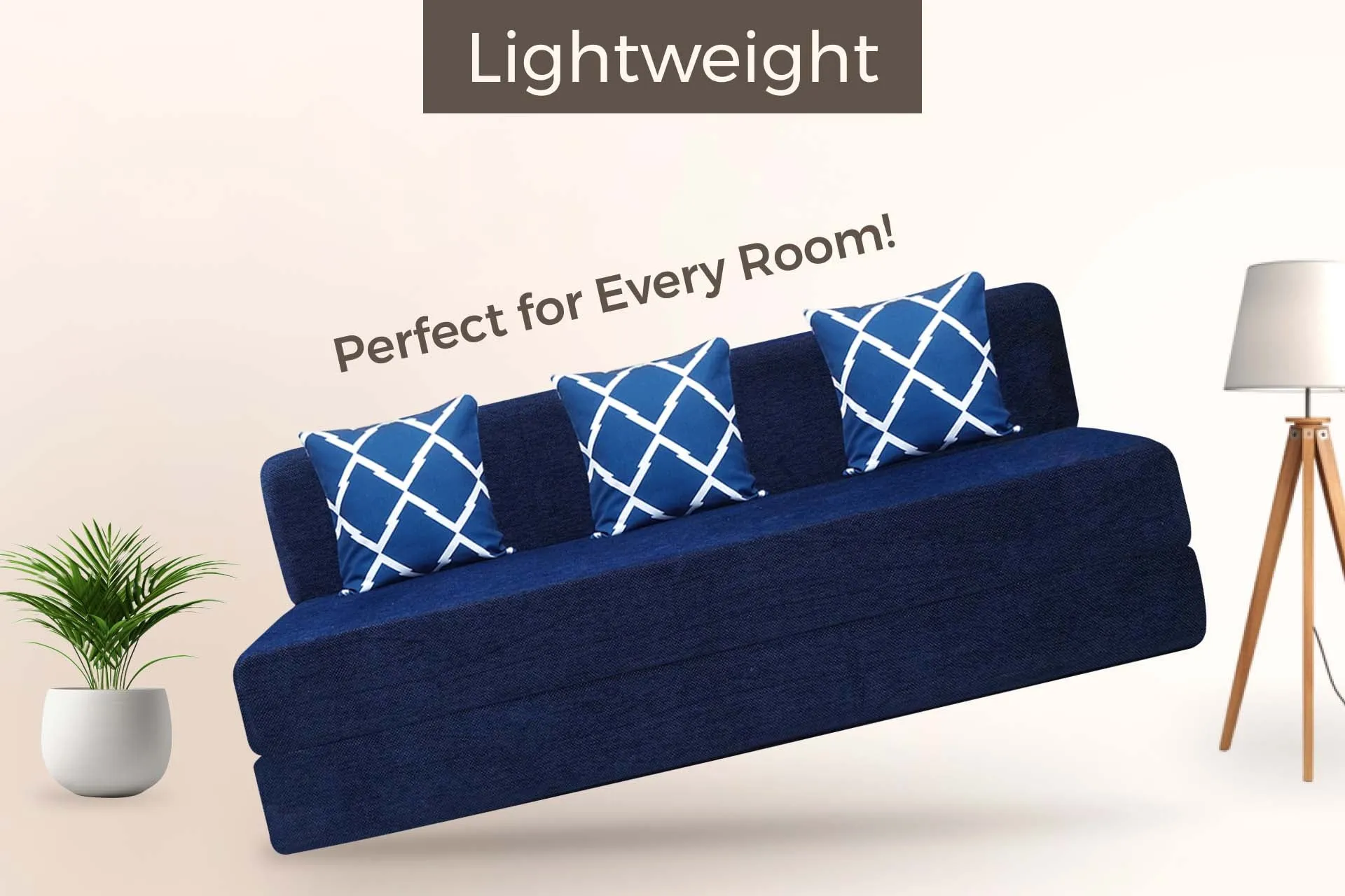 Chenille Sofa Bed, Dotted Blue | 6 x 6, Three Seater | 3 Arrow Cushions