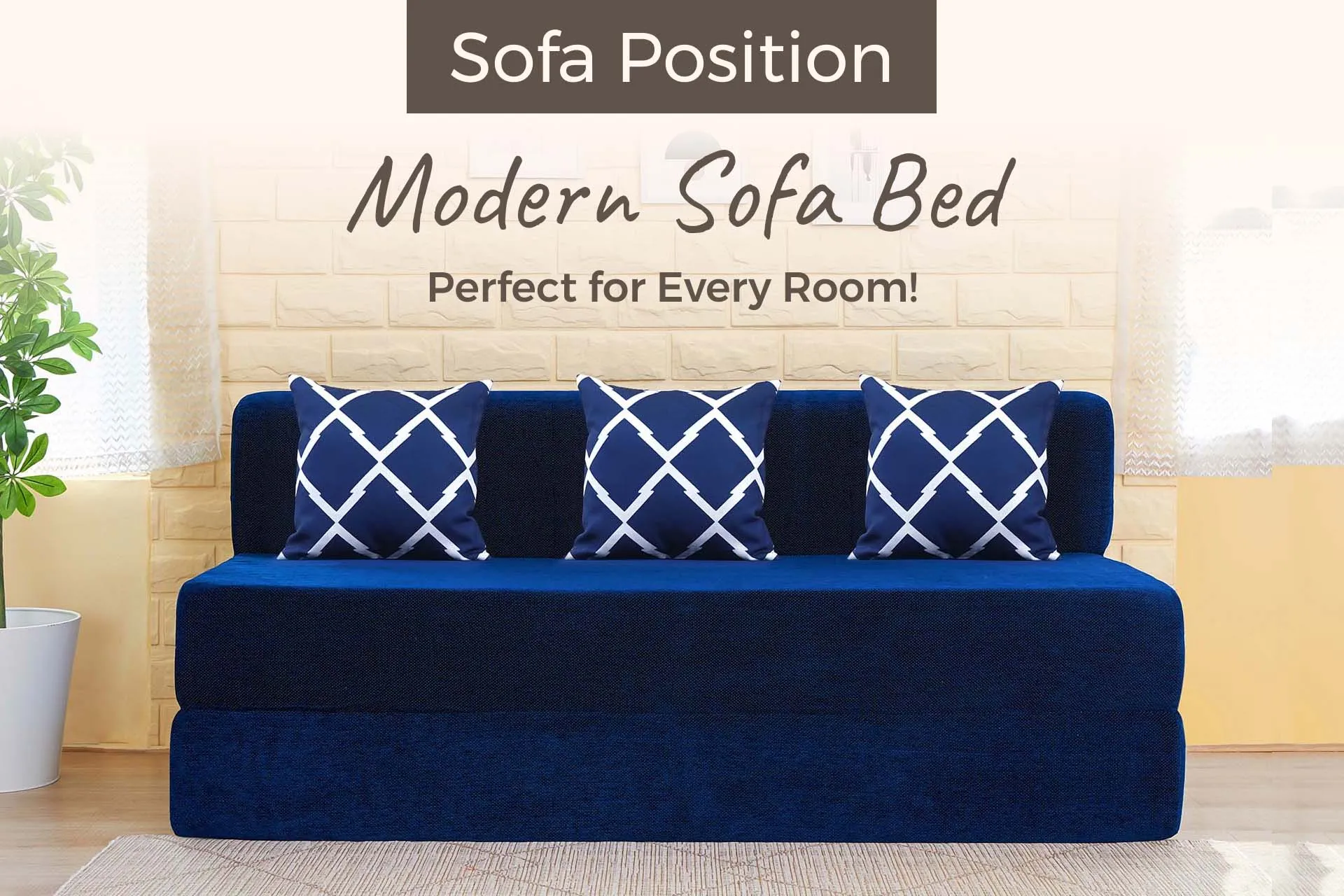 Chenille Sofa Bed, Dotted Blue | 6 x 6, Three Seater | 3 Arrow Cushions