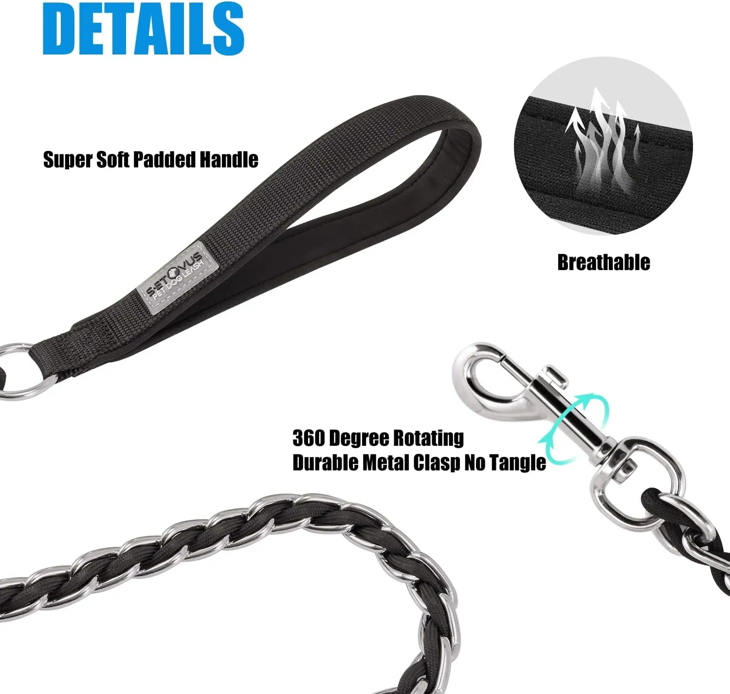 Chew Proof Metal Leash Chain for Medium Large Dogs, 4FT Strong Anti Chew, Comfortable Soft Padded Handle Black