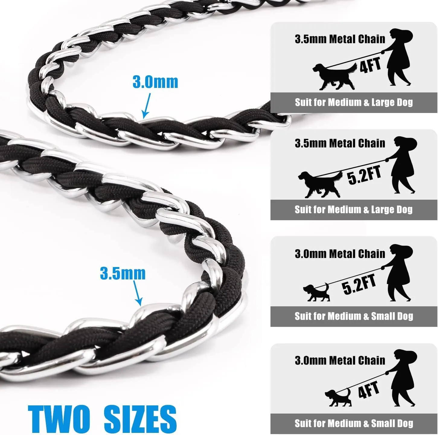 Chew Proof Metal Leash Chain for Medium Large Dogs, 4FT Strong Anti Chew, Comfortable Soft Padded Handle Black