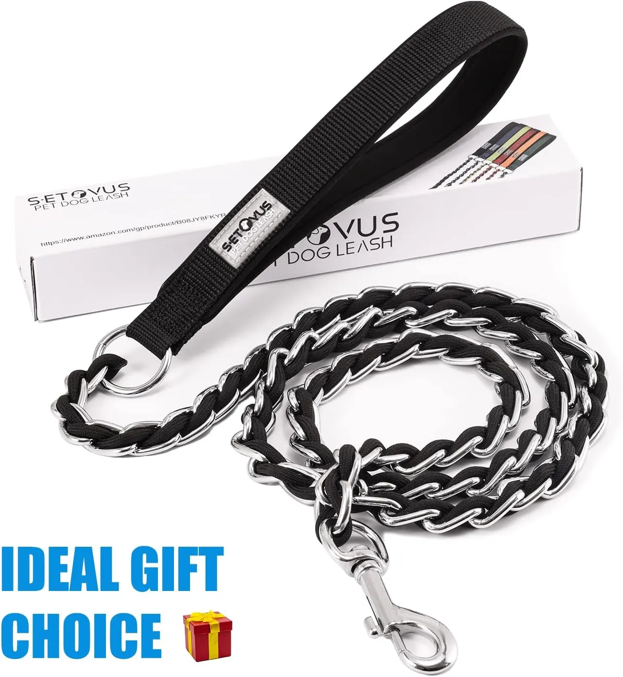Chew Proof Metal Leash Chain for Medium Large Dogs, 4FT Strong Anti Chew, Comfortable Soft Padded Handle Black