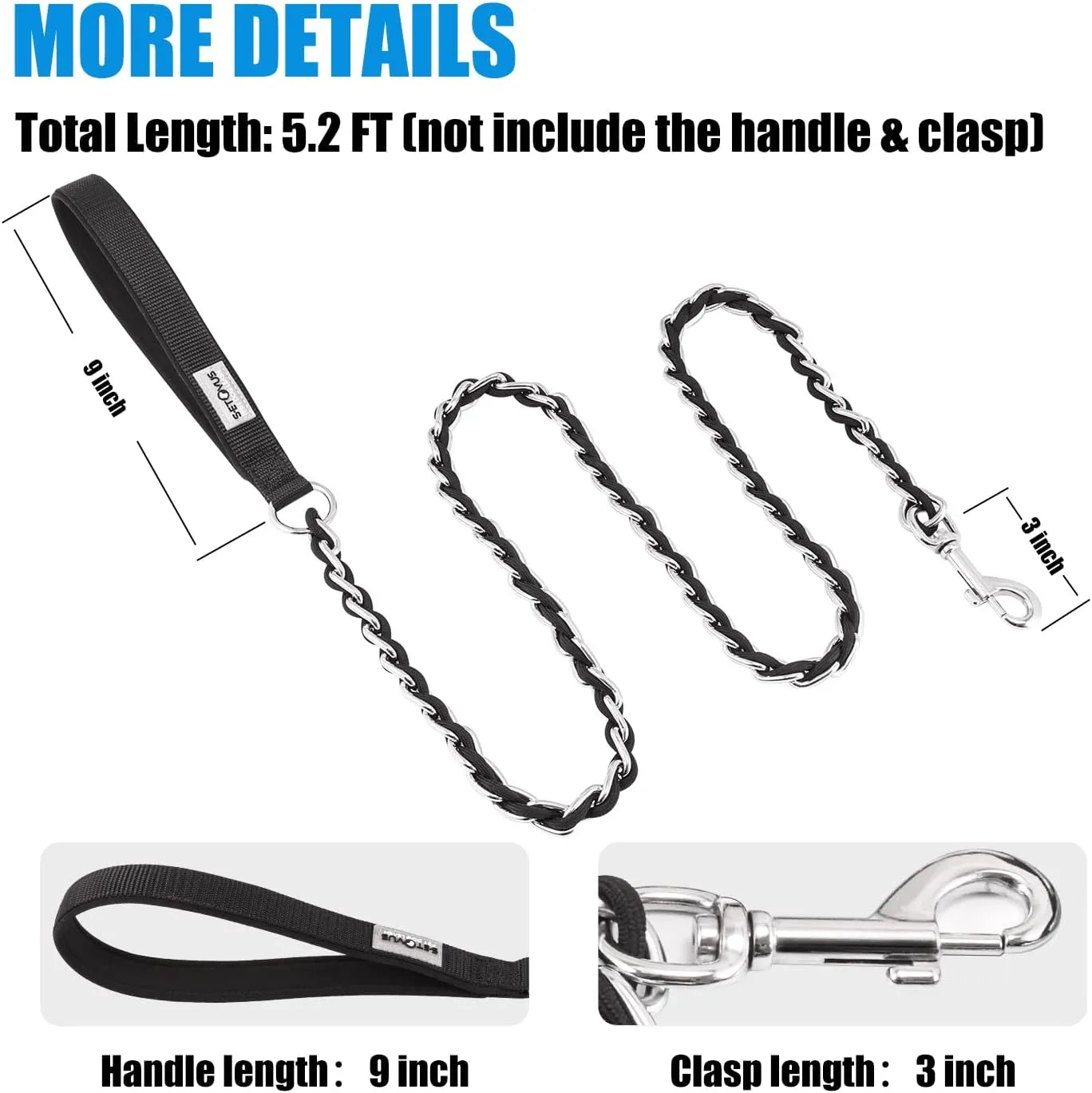 Chew Proof Metal Leash Chain for Medium Large Dogs, 4FT Strong Anti Chew, Comfortable Soft Padded Handle Black