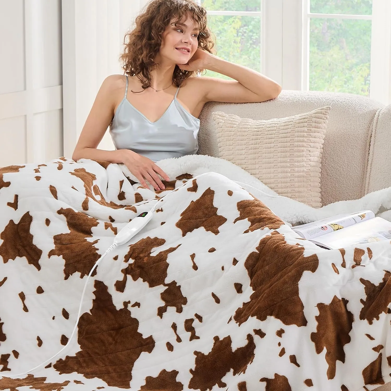 Cow Print Heated Electric Blanket Throw,50X60 Brown Heating Blanket with 10 Heats Levels & 8 Hours Auto Off,Highland Cow Decor Stuff Fleece Sherpa Blankets Warmer Gifts for Women Adults Washable,ETL