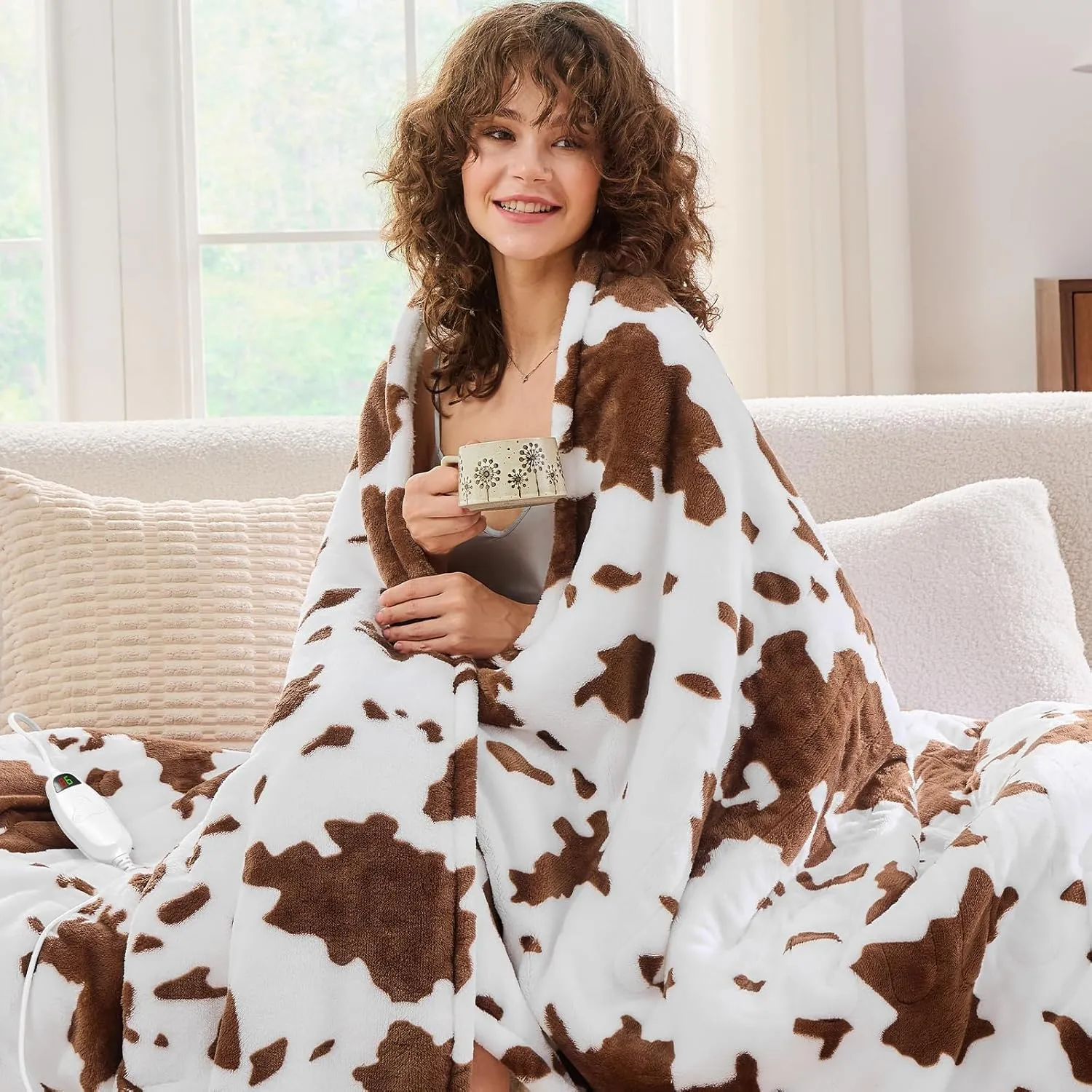 Cow Print Heated Electric Blanket Throw,50X60 Brown Heating Blanket with 10 Heats Levels & 8 Hours Auto Off,Highland Cow Decor Stuff Fleece Sherpa Blankets Warmer Gifts for Women Adults Washable,ETL