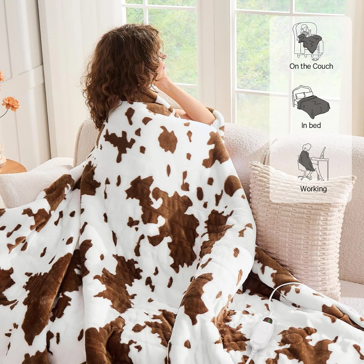 Cow Print Heated Electric Blanket Throw,50X60 Brown Heating Blanket with 10 Heats Levels & 8 Hours Auto Off,Highland Cow Decor Stuff Fleece Sherpa Blankets Warmer Gifts for Women Adults Washable,ETL