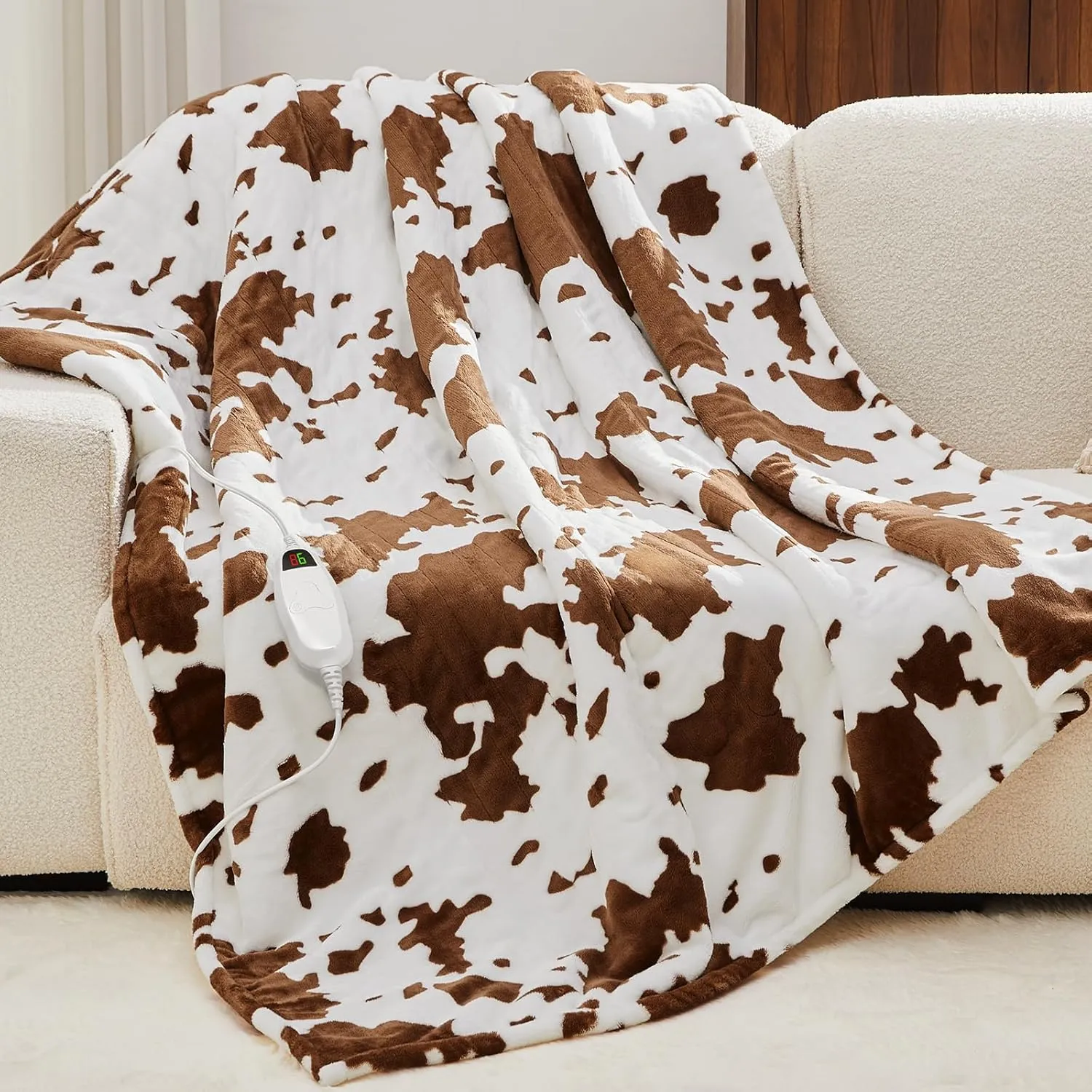 Cow Print Heated Electric Blanket Throw,50X60 Brown Heating Blanket with 10 Heats Levels & 8 Hours Auto Off,Highland Cow Decor Stuff Fleece Sherpa Blankets Warmer Gifts for Women Adults Washable,ETL