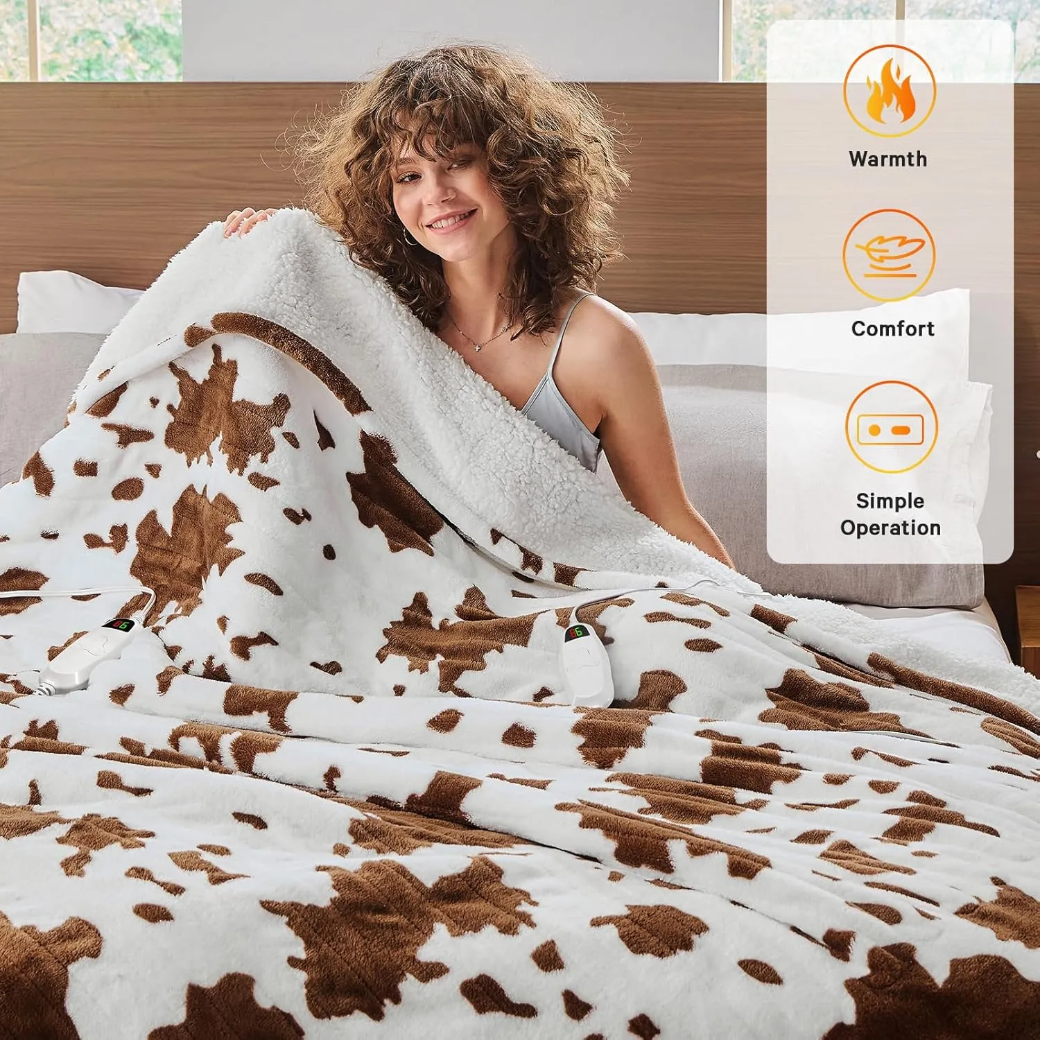 Cow Print Heated Electric Blanket Throw,50X60 Brown Heating Blanket with 10 Heats Levels & 8 Hours Auto Off,Highland Cow Decor Stuff Fleece Sherpa Blankets Warmer Gifts for Women Adults Washable,ETL