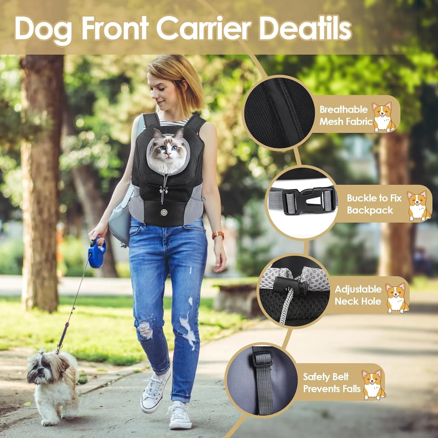 Dog Backpack Carrier, Front Chest Dog Carriers for Small Dogs, Pet Carrier Backpack with Multi-Pocket, Adjustable Neck Hole, Breathable Mesh Dog Front Carrier for Travel Hiking Cycling (Medium)