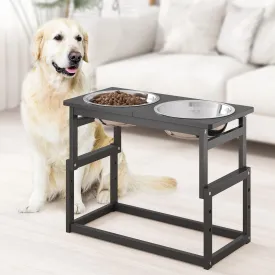 Elevated Bowls - Raised Stand with 2 Stainless Steel Food Bowls, 4 Height Adjustable Bamboo Feeding Station for Medium Small Size Dogs (Black)