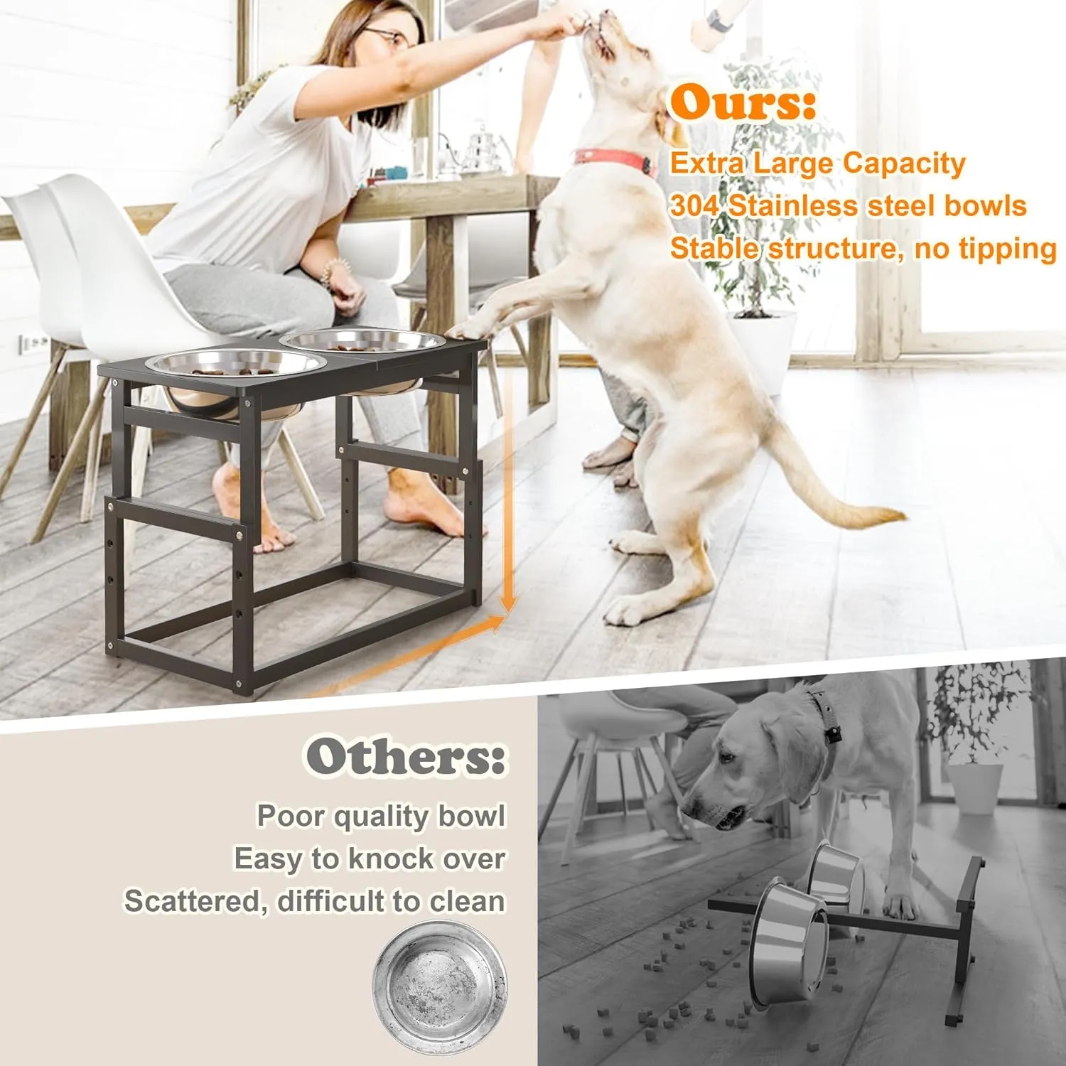Elevated Bowls - Raised Stand with 2 Stainless Steel Food Bowls, 4 Height Adjustable Bamboo Feeding Station for Medium Small Size Dogs (Black)