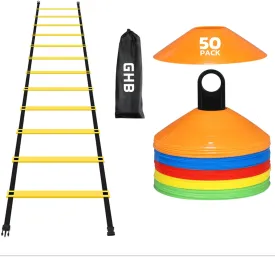 GHB Agility Ladder 1 Pack and Disc Cones 50 Pack 2 Carrying Bag