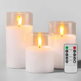 Glass Battery Operated LED Pillar Flameless Candles with10-Key Remote and Timer, Real Wax Candles Warm Color Wick Flickering Light for Festival Wedding bar Cafe Home Party Decor(Pack of 3)-Lvory White