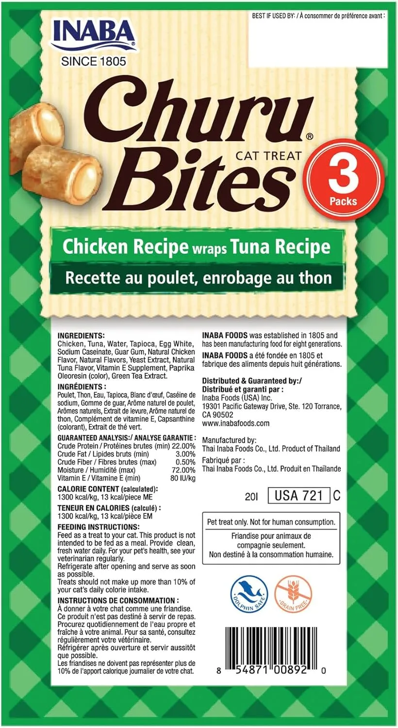 INABA Churu Bites for Cats, Soft/Chewy Baked Chicken Wrapped Churu Filled Cat Treats with Vitamin E, 0.35 Ounces per Tube, 18 Tubes Total (3 Tubes per Pack), Tuna Recipe