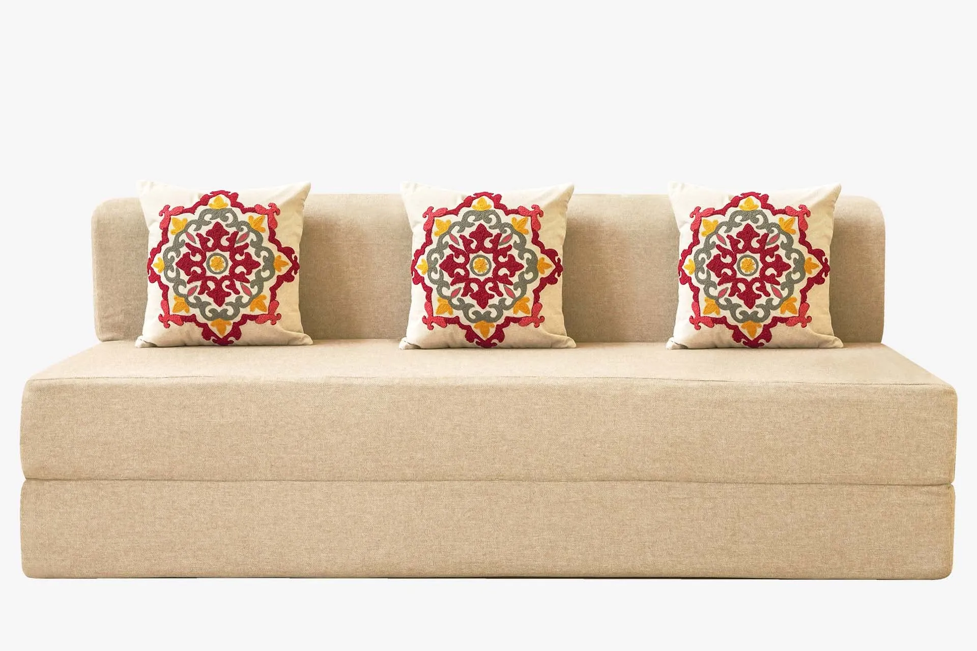 Jute Jumbo Sofa Bed, Beige | 6.5 x 6.5, Three Seater | 3 Red Medallion Cushions