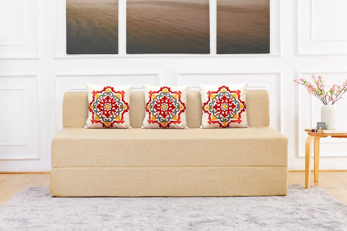 Jute Jumbo Sofa Bed, Beige | 6.5 x 6.5, Three Seater | 3 Red Medallion Cushions