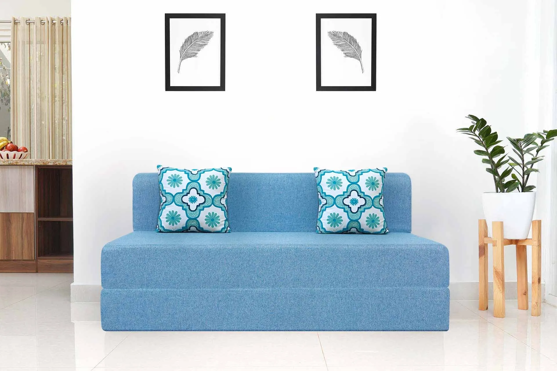 Jute Sofa Bed, Aqua Blue | 5 x 6, Three Seater | 2 Blue Quartet Cushions