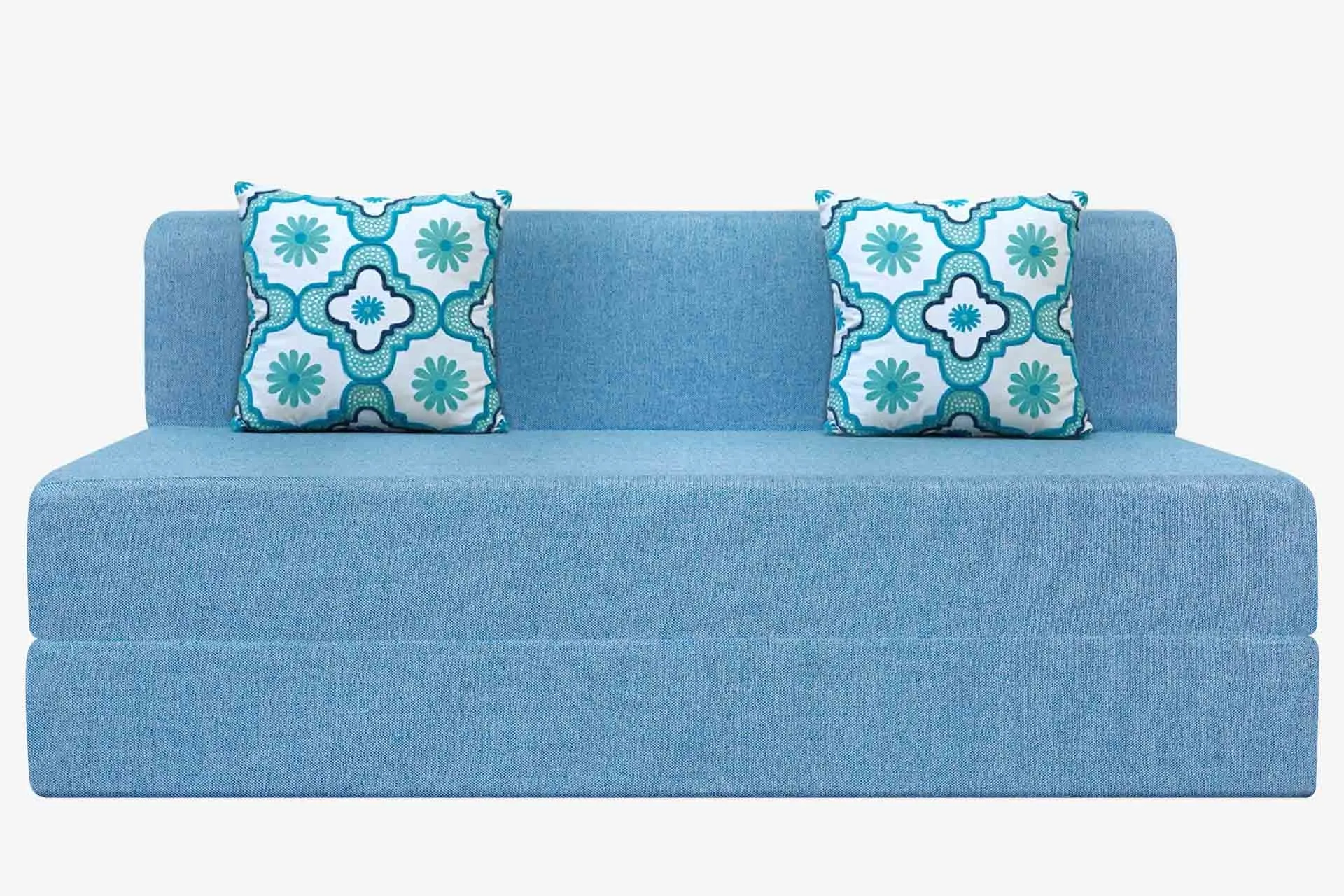 Jute Sofa Bed, Aqua Blue | 5 x 6, Three Seater | 2 Blue Quartet Cushions