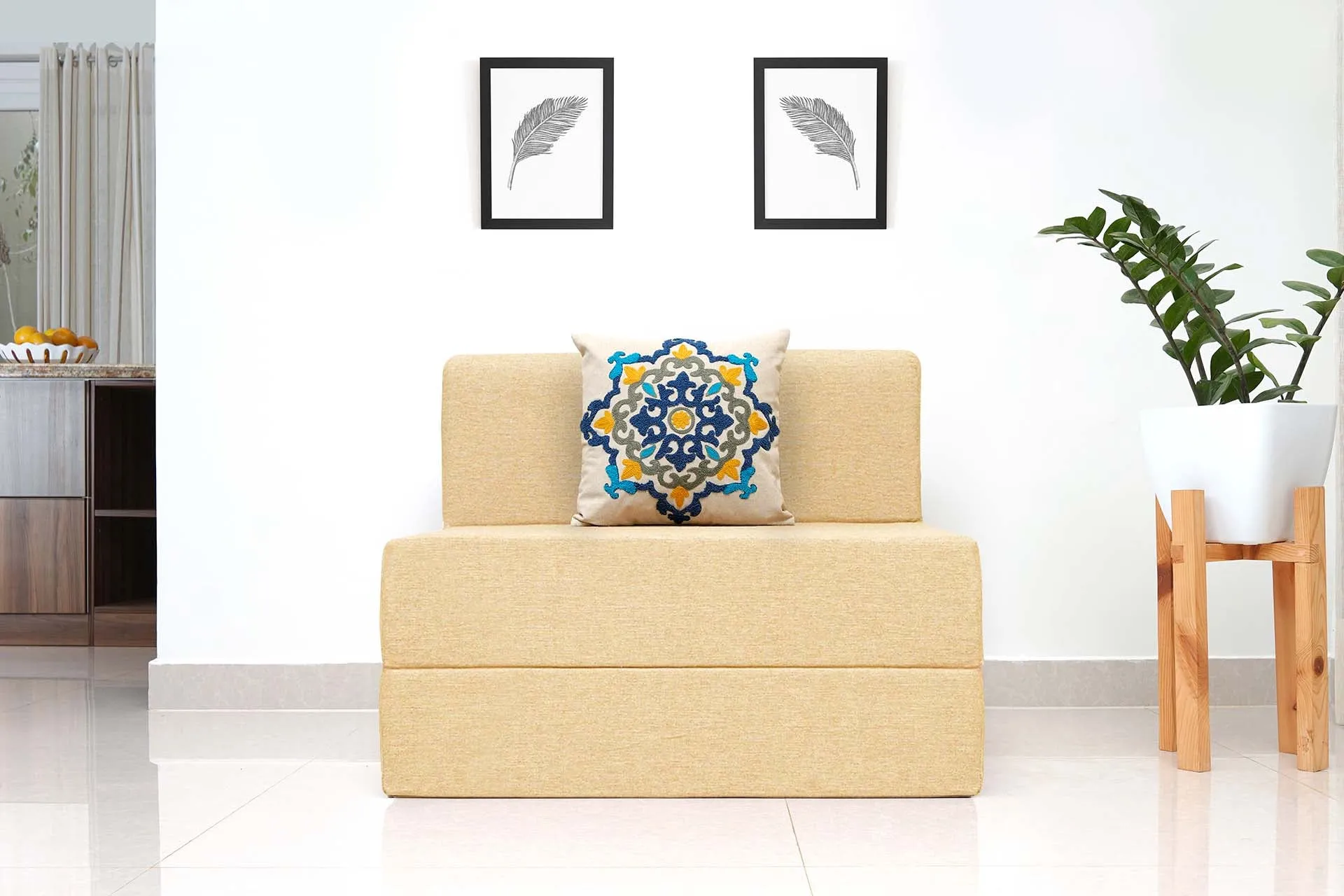 Jute Sofa Bed, Beige | 3 x 6, Single Seater | Blue Medallion Cushions