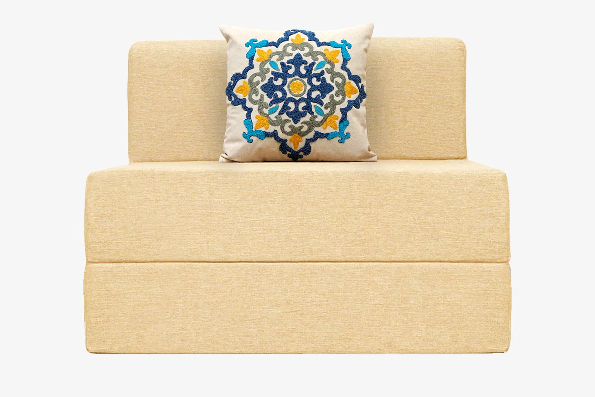 Jute Sofa Bed, Beige | 3 x 6, Single Seater | Blue Medallion Cushions