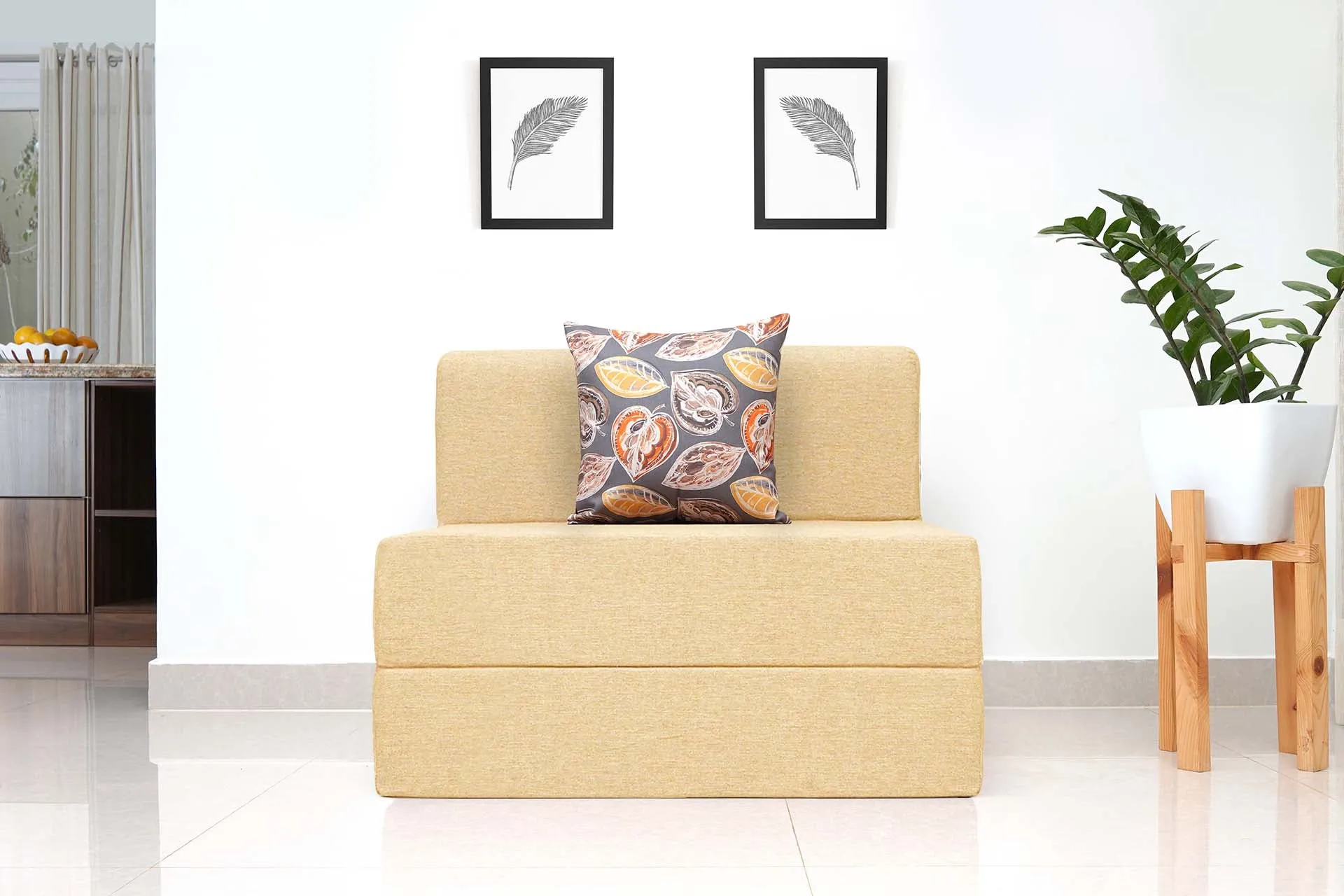 Jute Sofa Bed, Beige | 3 x 6, Single Seater | Fallen Leaves Cushions