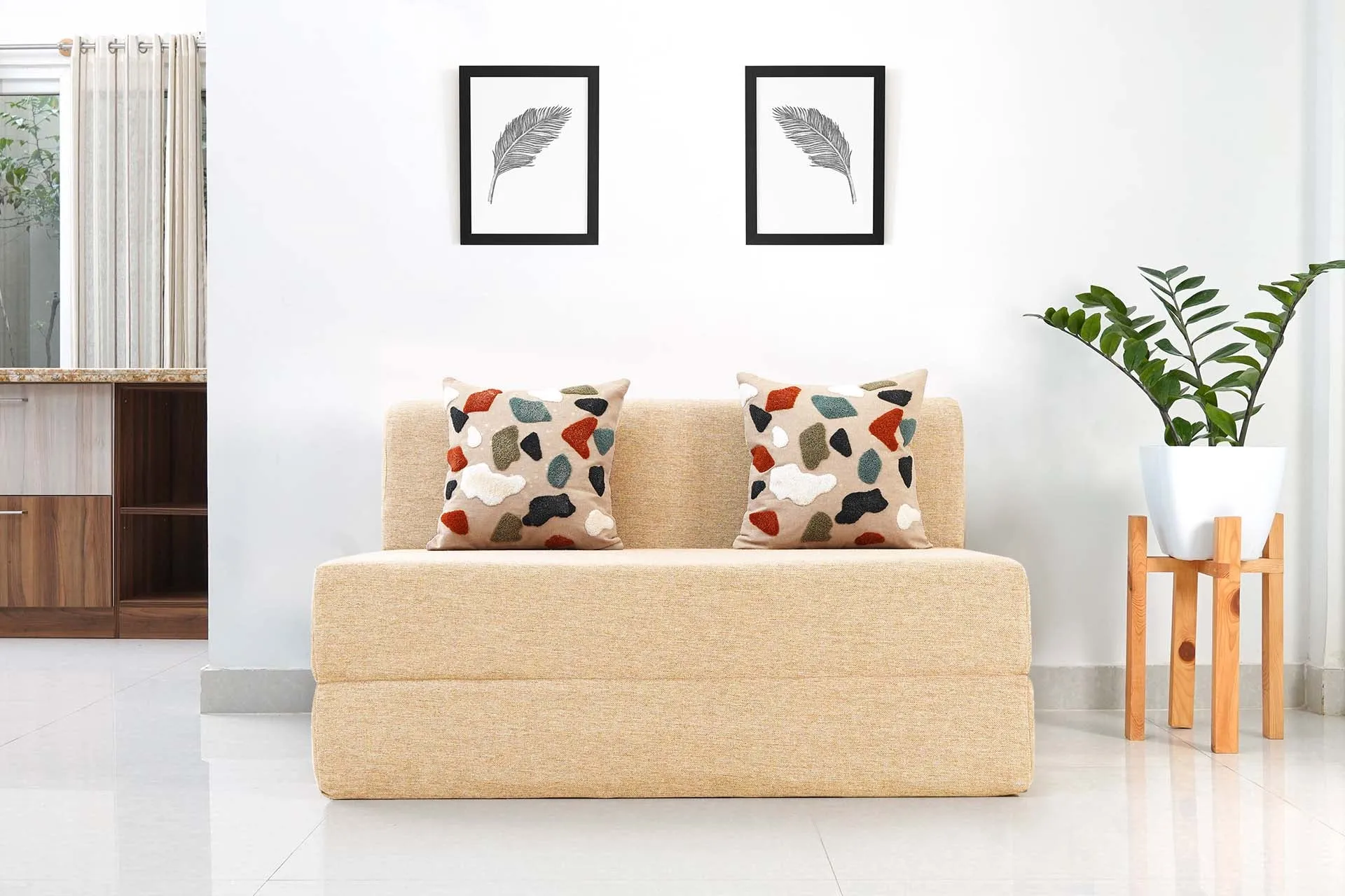 Jute Sofa Bed, Beige | 4 x 6, Double Seater | 2 Pebble Cushions