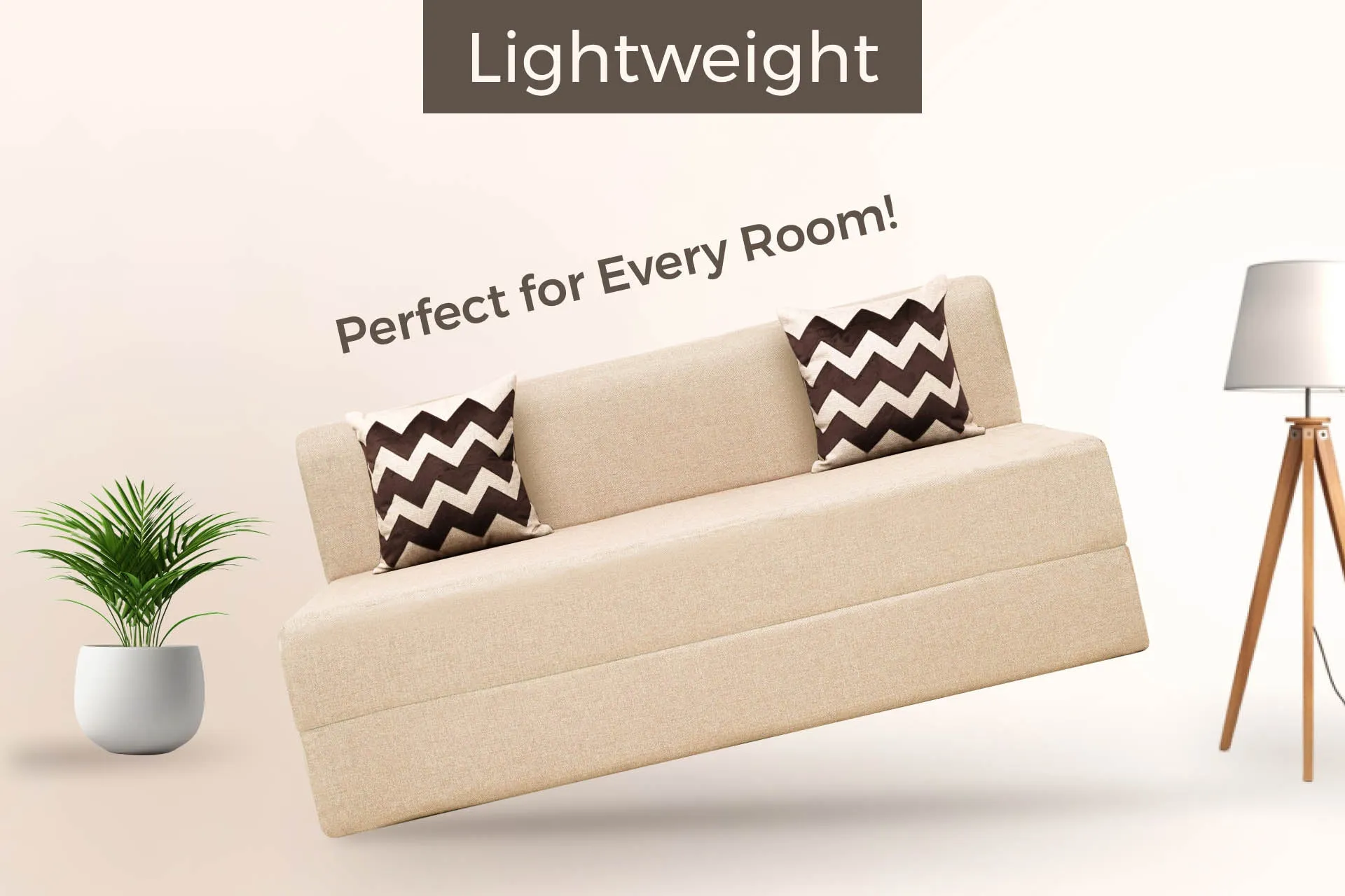 Jute Sofa Bed, Beige | 5 x 6, Three Seater | 2 Beige Zigzag Cushions