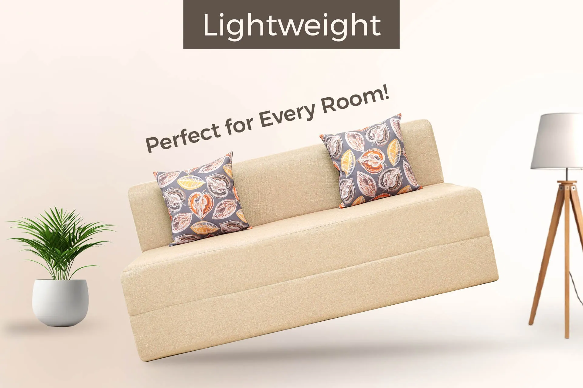 Jute Sofa Bed, Beige | 5 x 6, Three Seater | 2 Fallen Leaves Cushions