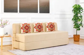 Jute Sofa Bed, Beige | 5 x 6, Three Seater | 3 Red Medallion Cushions