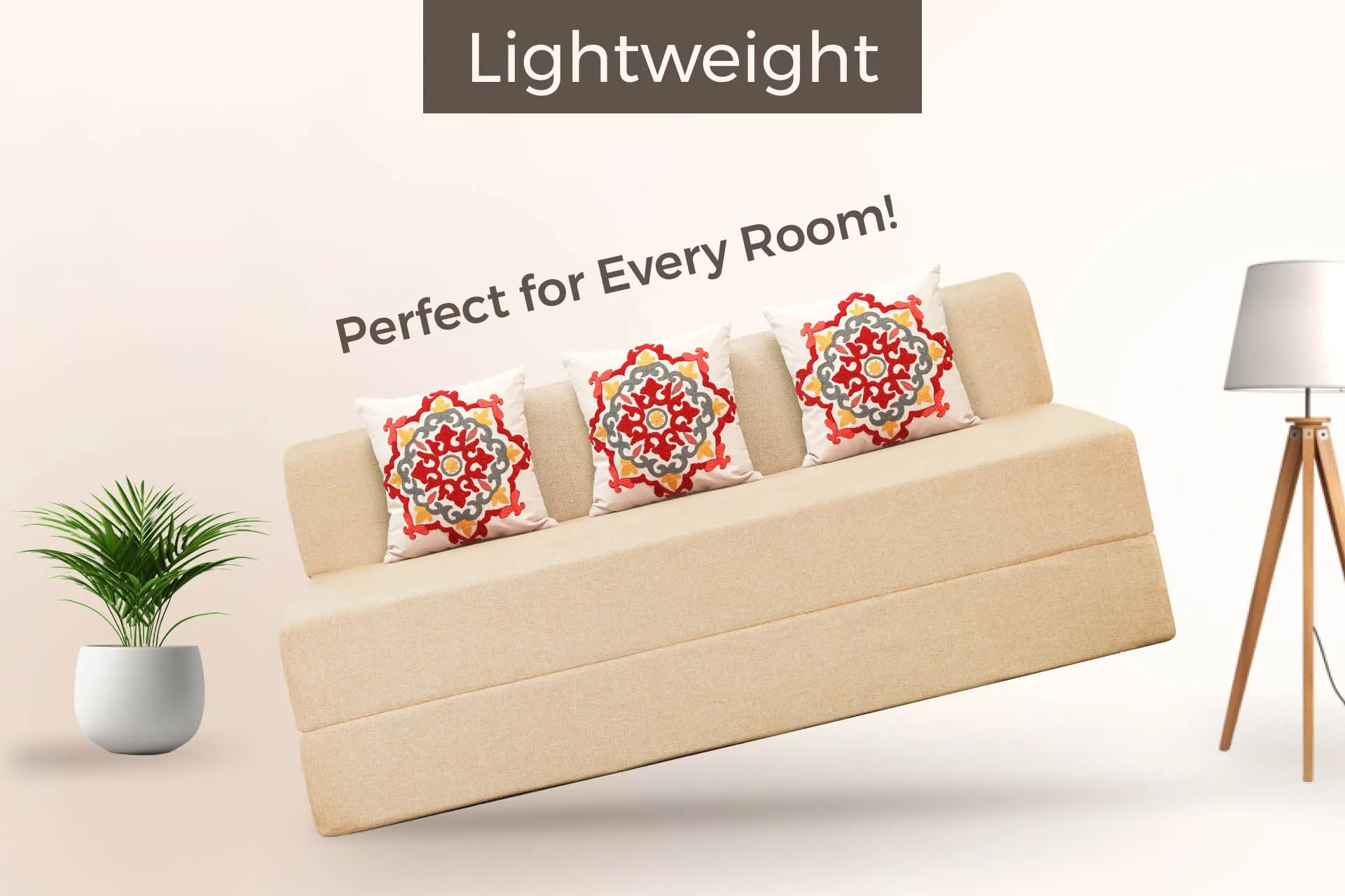 Jute Sofa Bed, Beige | 5 x 6, Three Seater | 3 Red Medallion Cushions